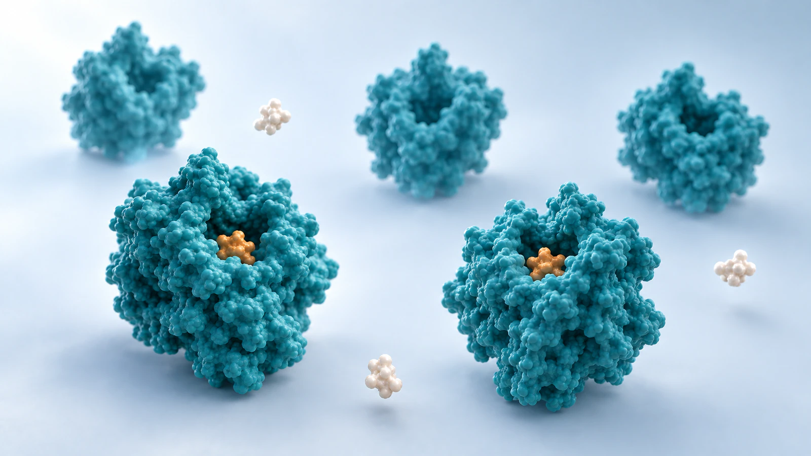 Five separated teal enzyme envelopes with two amber occupied clefts and sparse pearl substrate shapes in a pale blue field.