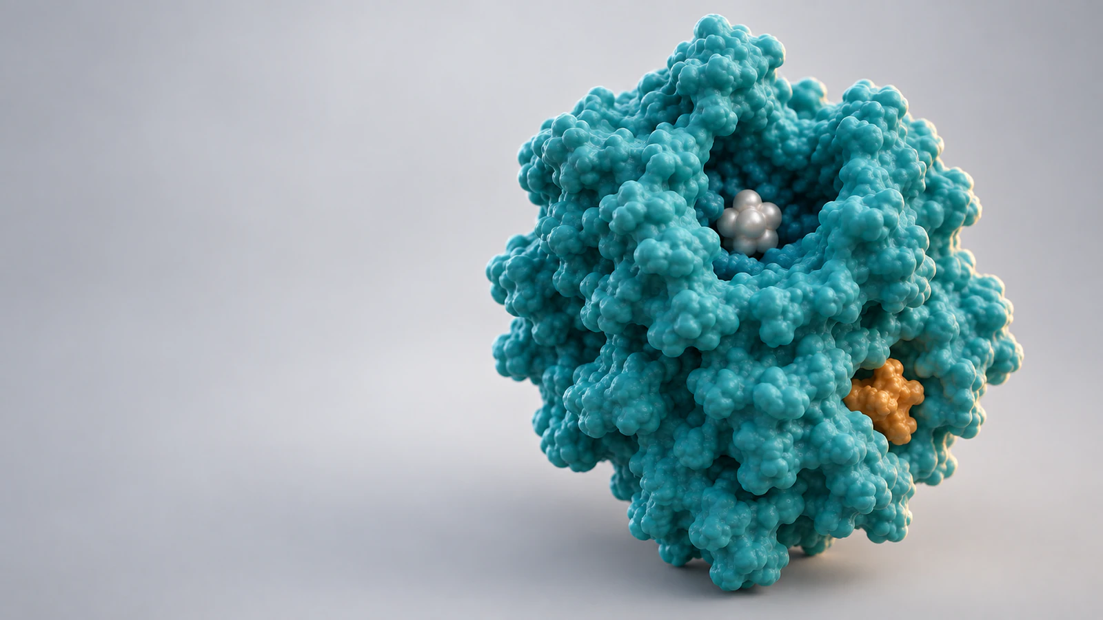 Pearl substrate sits in an upper enzyme cleft while an amber inhibitor occupies a separate lateral surface pocket.