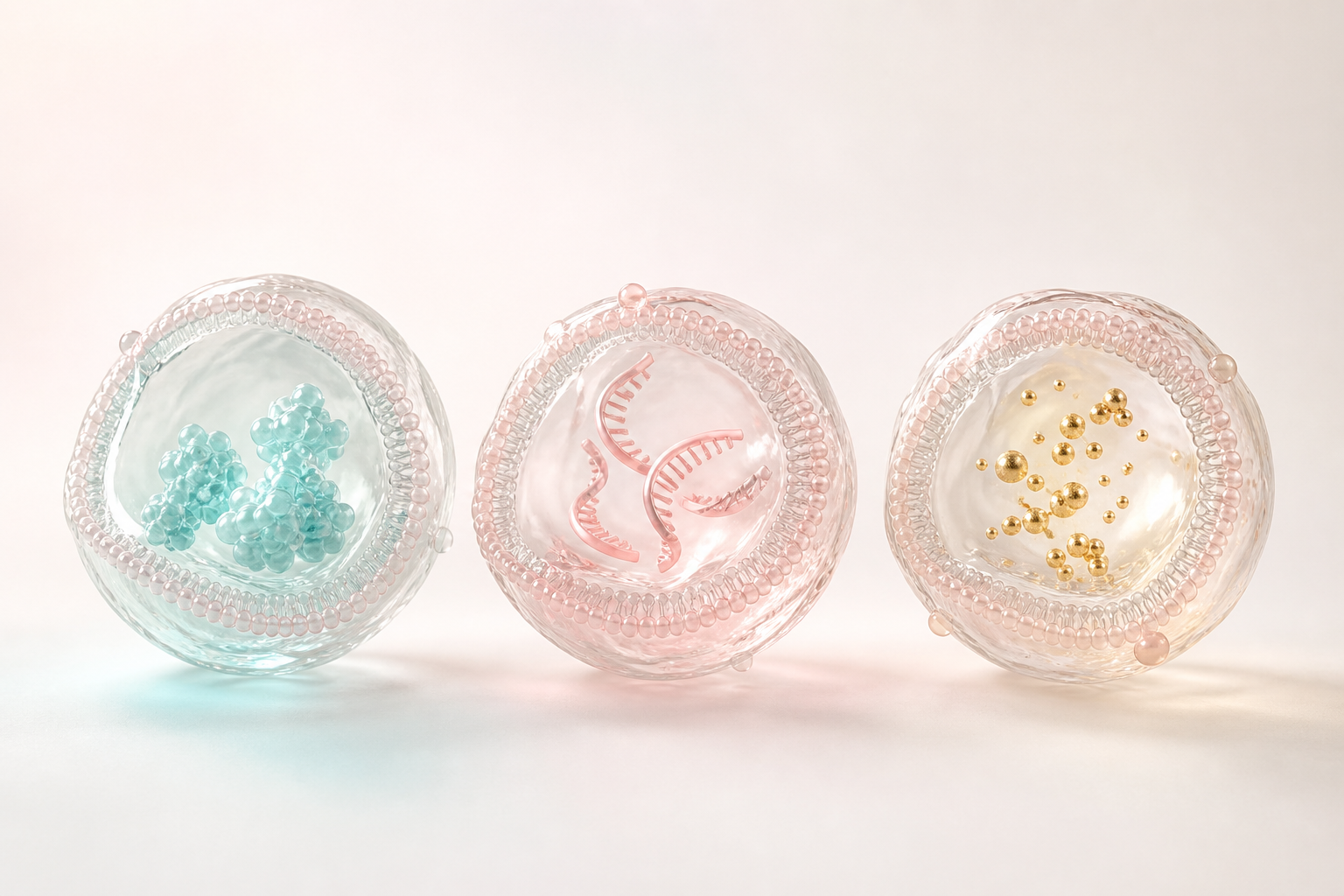Three translucent pastel extracellular vesicles showing protein, RNA and signal cargo in a clean studio render