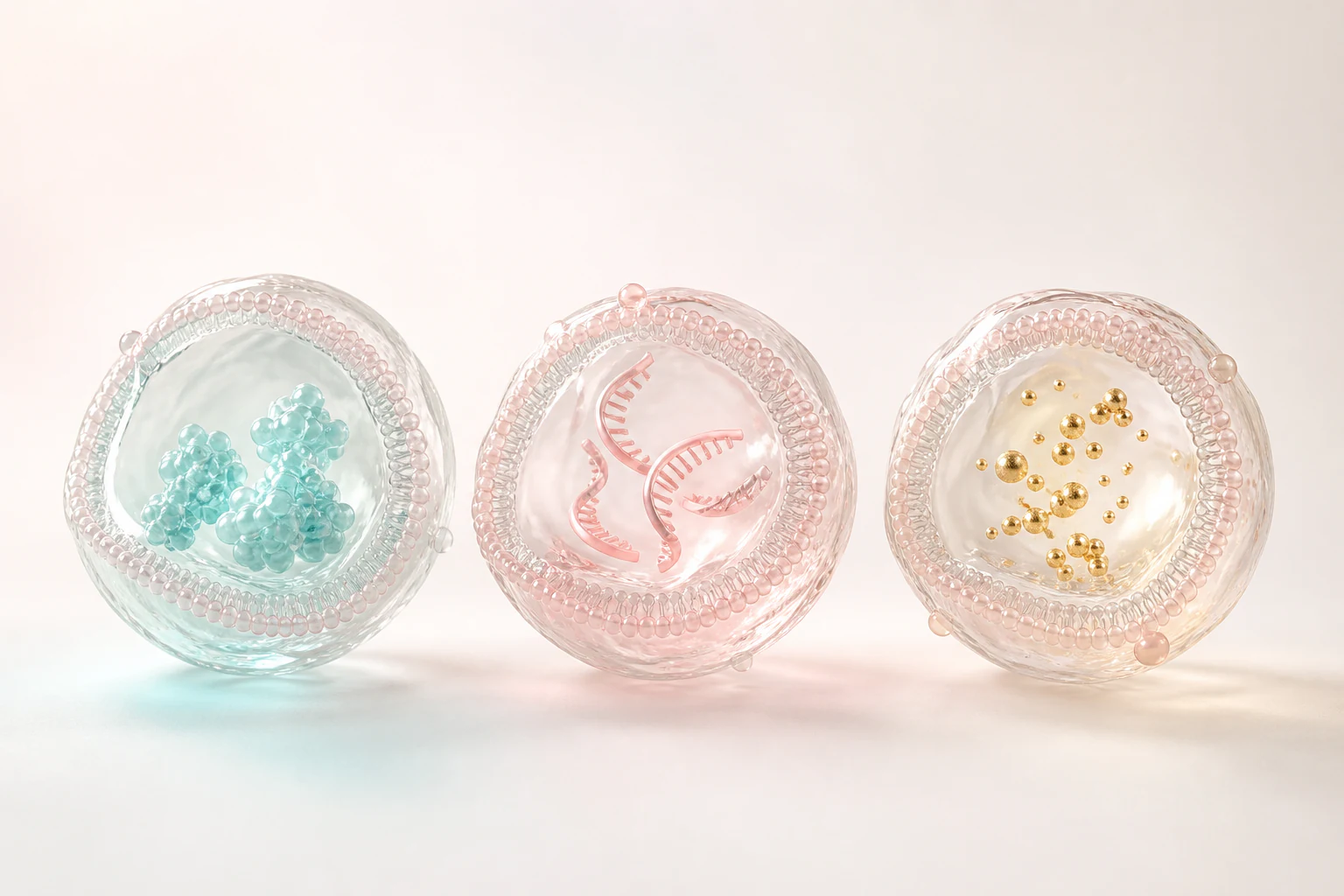 Three translucent pastel extracellular vesicles showing protein, RNA and signal cargo in a clean studio render
