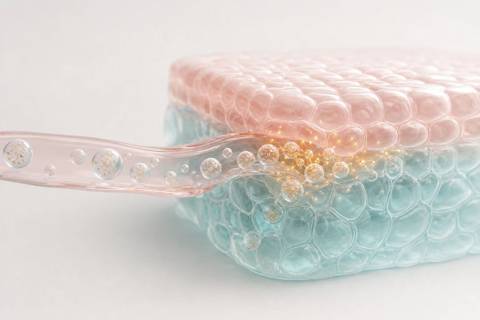 Pastel translucent tissue block with extracellular vesicles entering a soft channel and gold signal points at the contact region