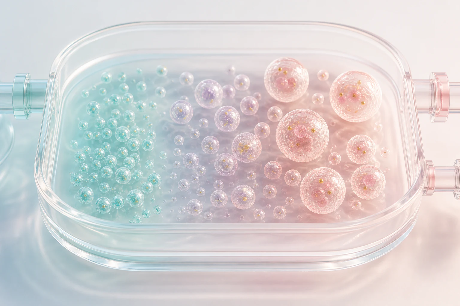 Minimal translucent culture chamber containing pastel extracellular vesicle populations arranged by size and cargo state