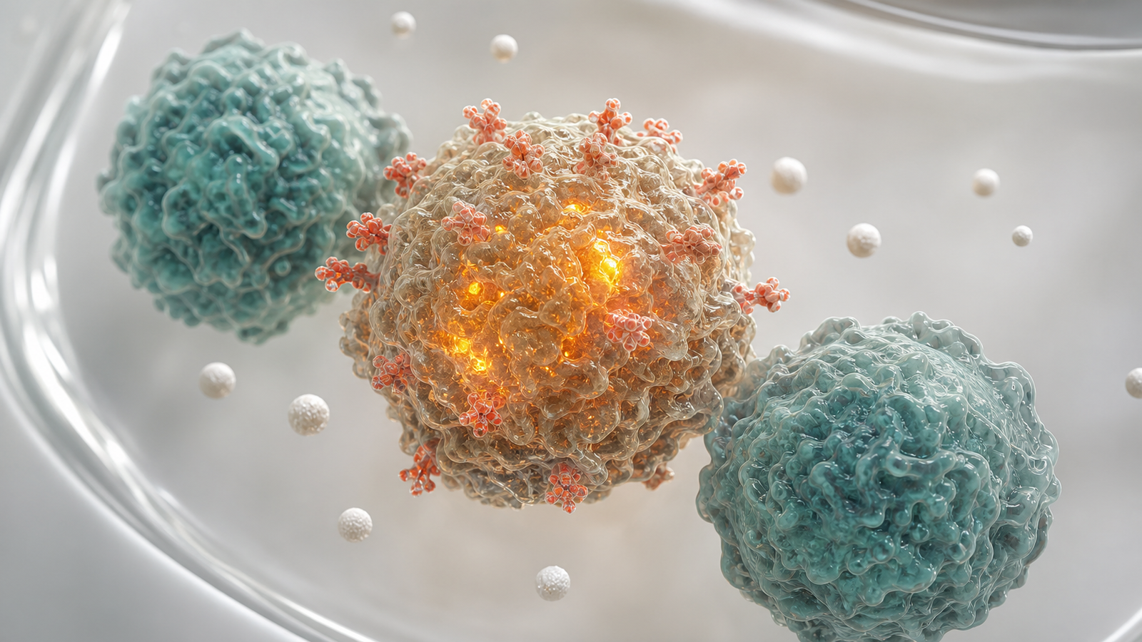 3D render of an activated receptor-positive immune cell with warm intracellular signal and supporting cells.