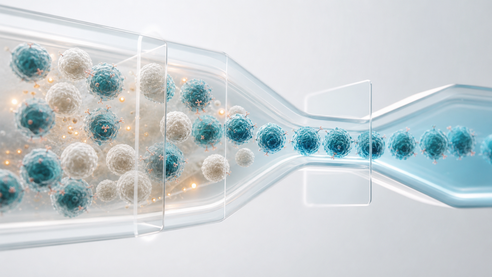 3D render of immune cells narrowing through a flow cytometry gate into one selected phenotype cluster.