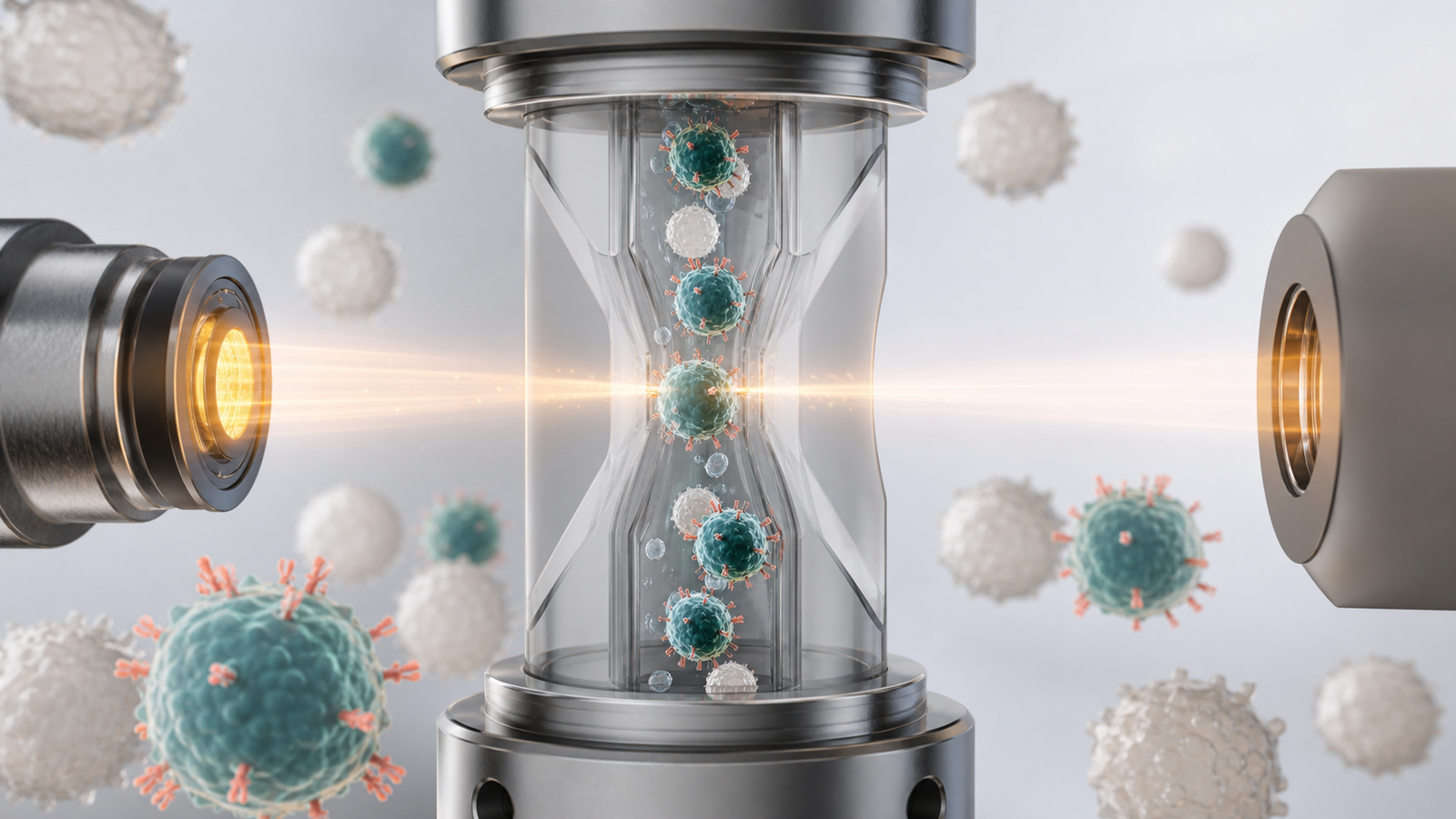 3D render of a lab-grade flow cytometry chamber with highlighted immune cells passing through an optical beam.