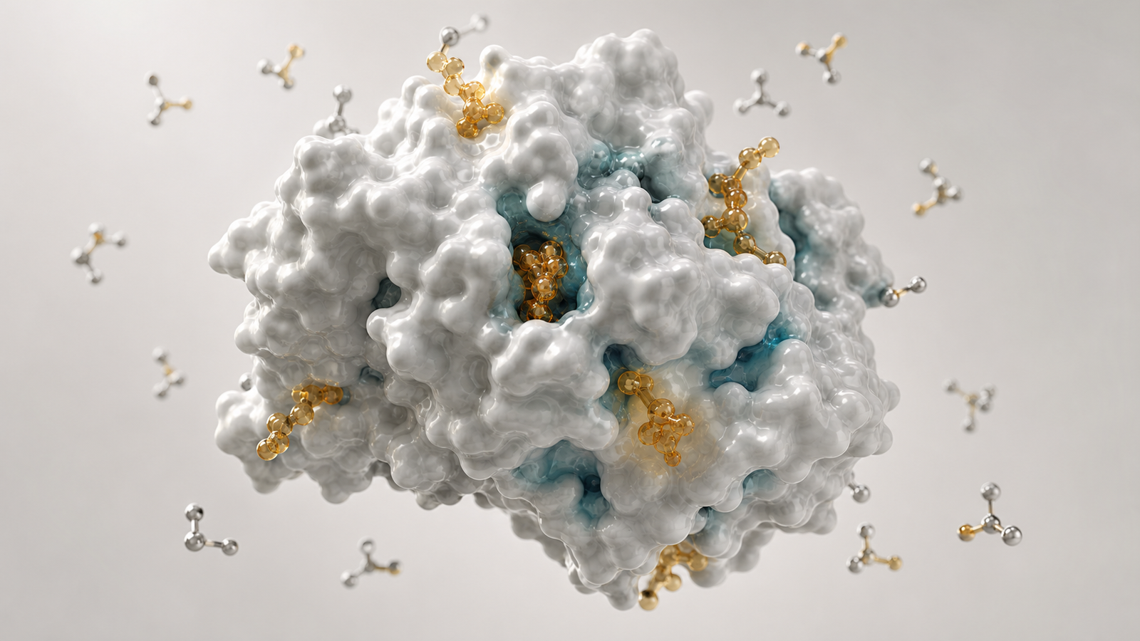Premium 3D render of a therapeutic protein surface stabilized by sparse excipient molecules.
