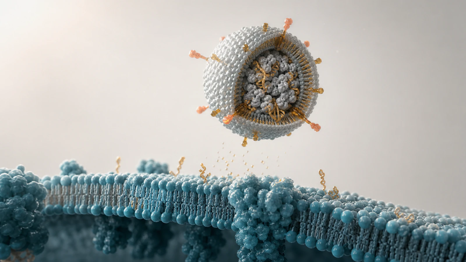 Wide 3D render of a formulated delivery complex approaching a clean cell membrane surface.