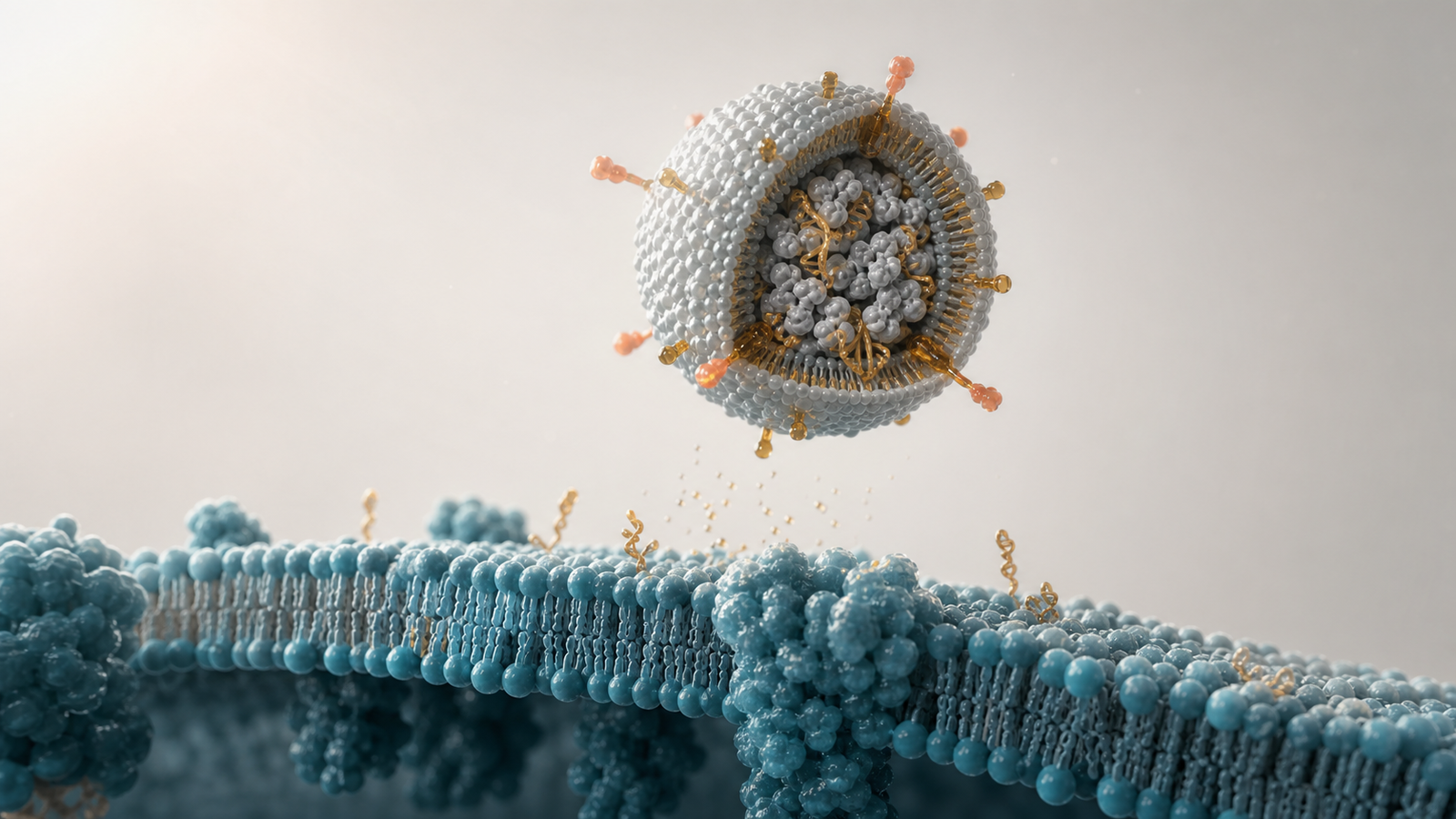 Wide 3D render of a formulated delivery complex approaching a clean cell membrane surface.
