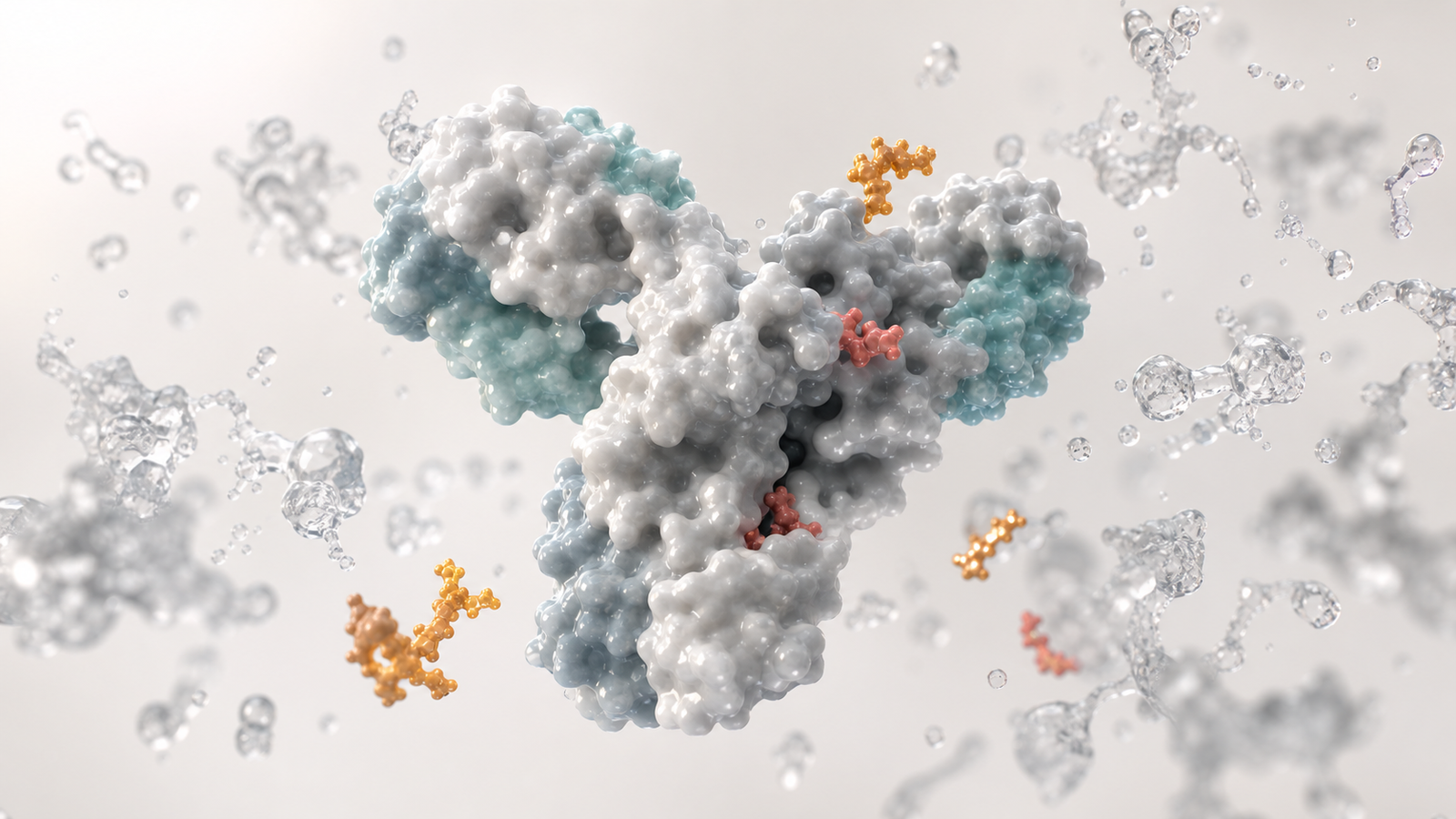 3D scientific render of a therapeutic protein complex under hydration and stability stress.
