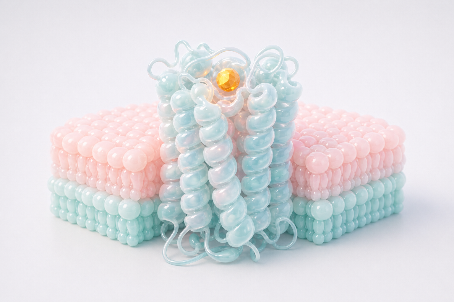 Glossy pastel GPCR receptor embedded in a lipid membrane with a golden ligand in the binding pocket