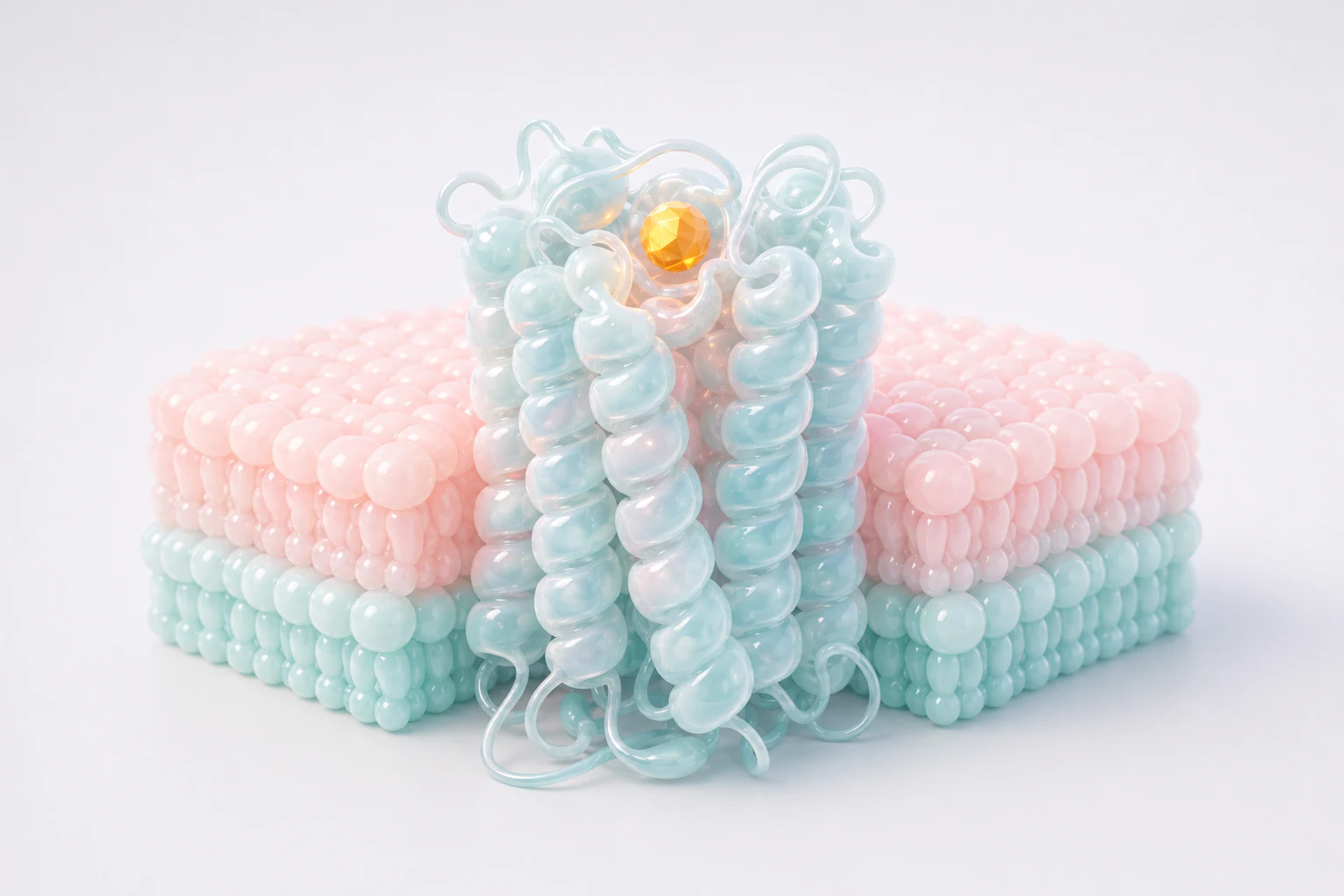 Glossy pastel GPCR receptor embedded in a lipid membrane with a golden ligand in the binding pocket