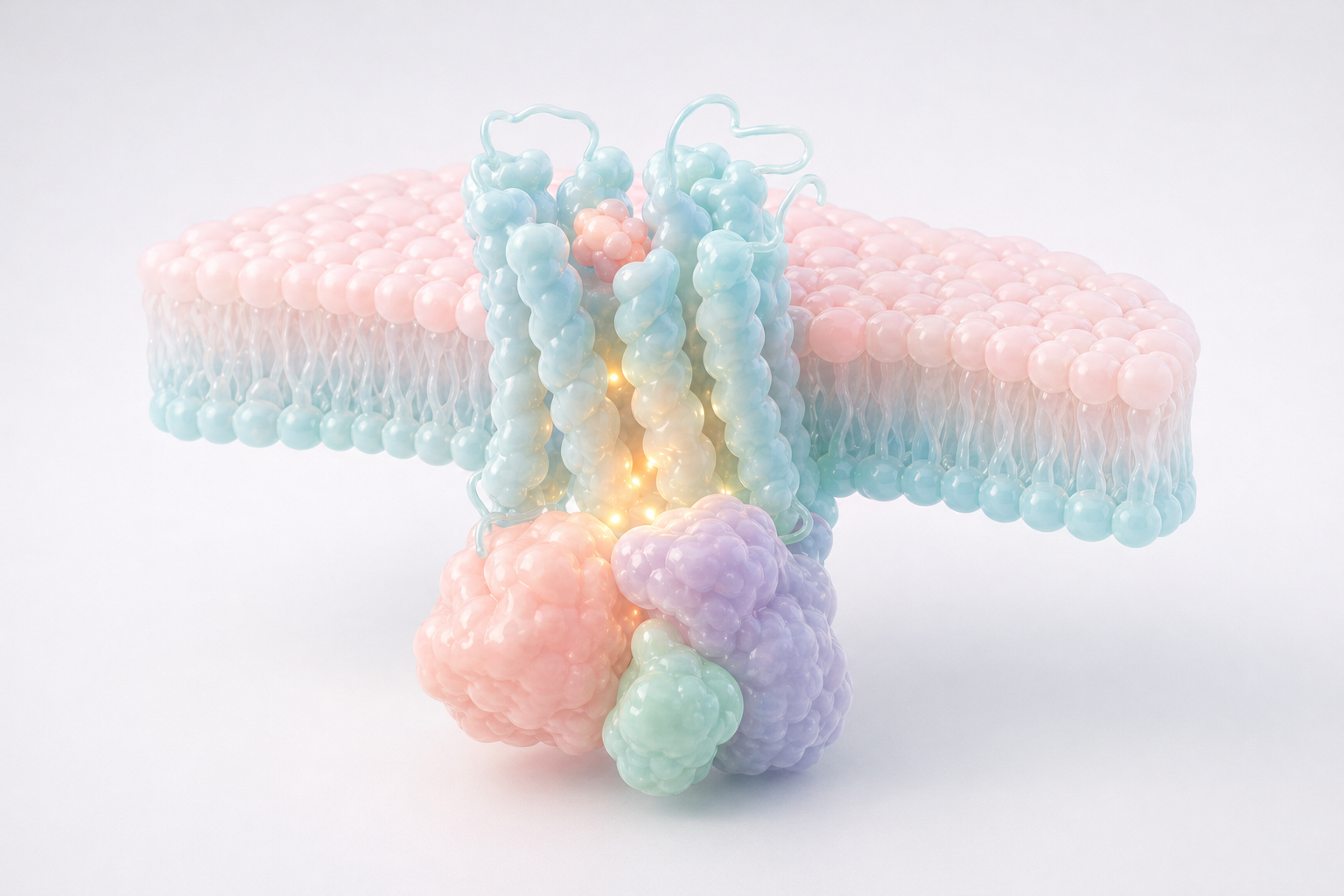 Pastel GPCR receptor coupling to three smooth G protein subunits below a translucent membrane