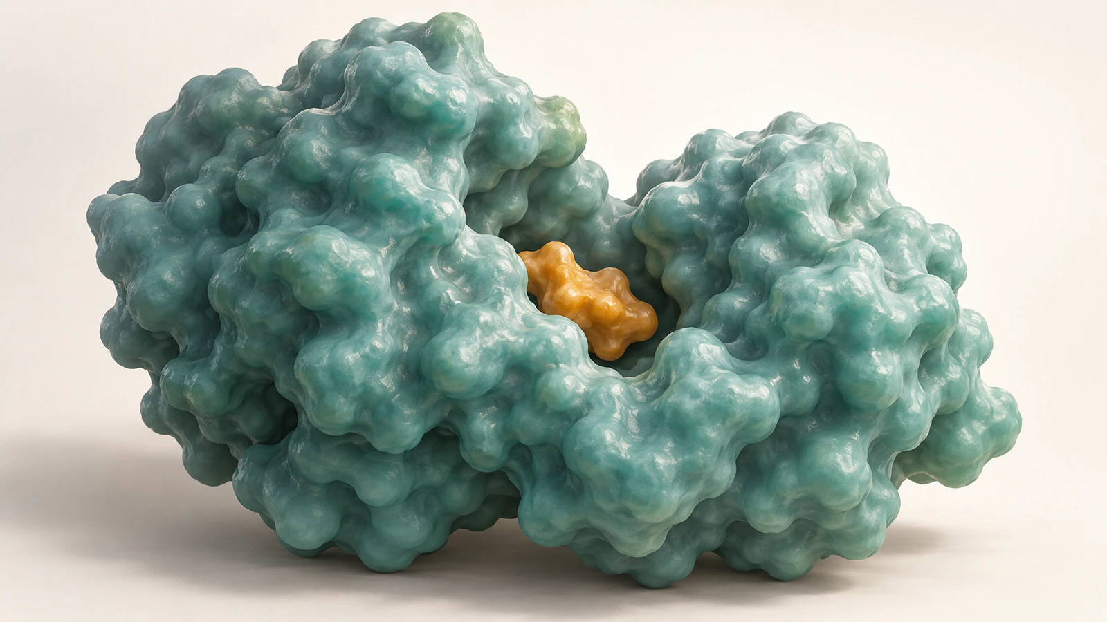 Conceptual teal enzyme surface with a small amber ligand positioned in a shallow cleft