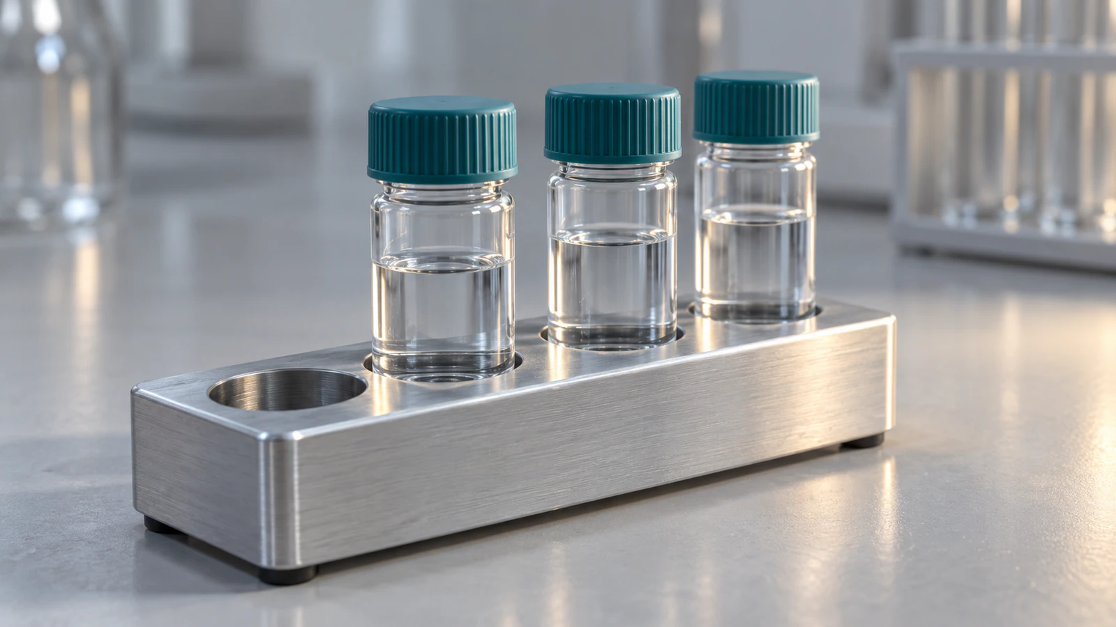 Three capped sample vials with clear liquid seated in a silver laboratory rack