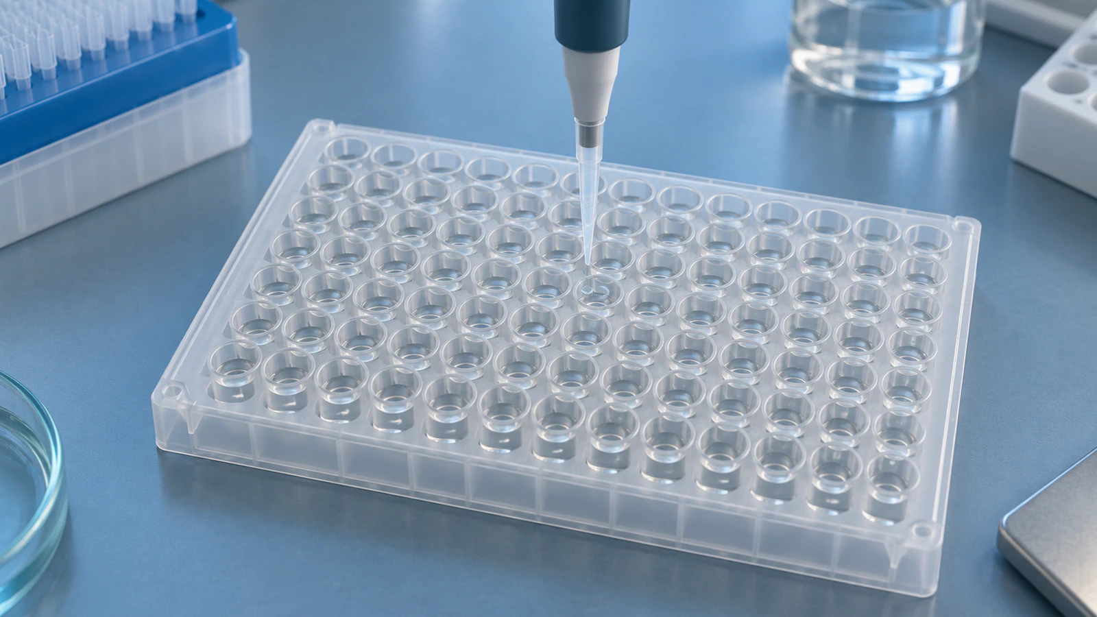 Single-channel pipette above a laboratory microplate containing clear liquid