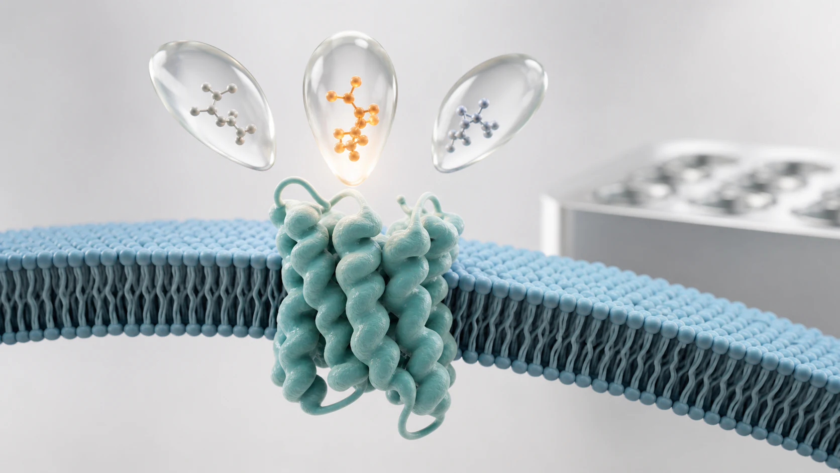 Wide 3D render of a membrane receptor with assay droplets and one highlighted hit molecule.