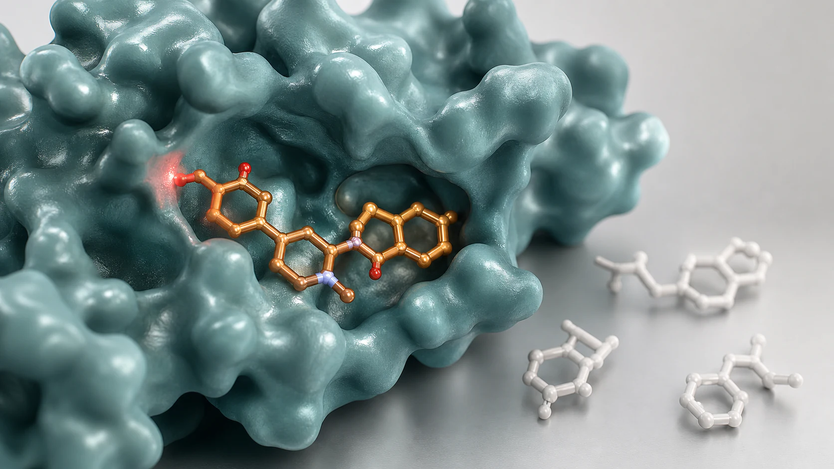 Wide 3D render of a protein binding pocket with an amber hit molecule and muted comparison ligands.