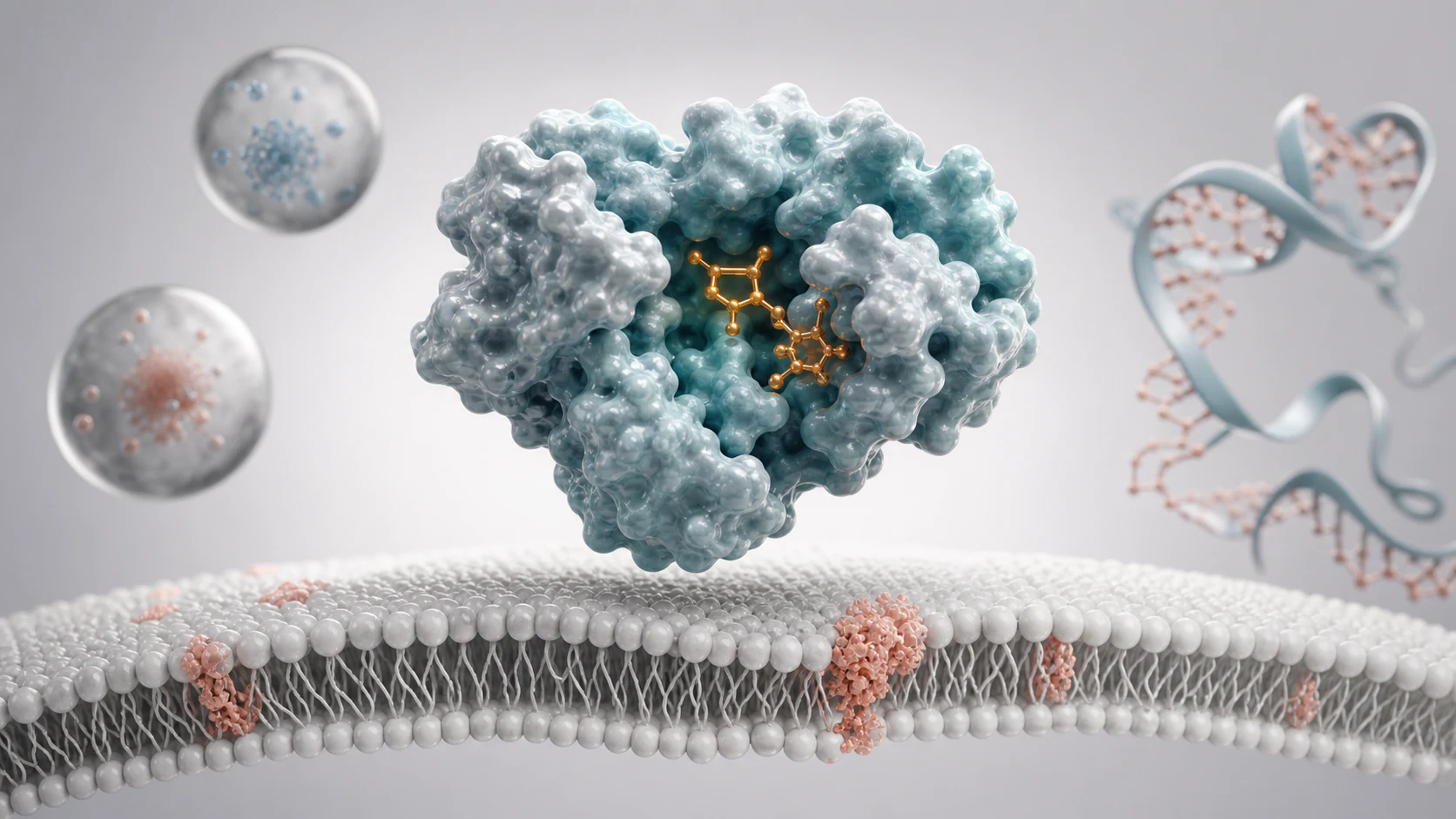 Wide 3D render of a protein-ligand complex above a clean membrane with restrained scientific forms.