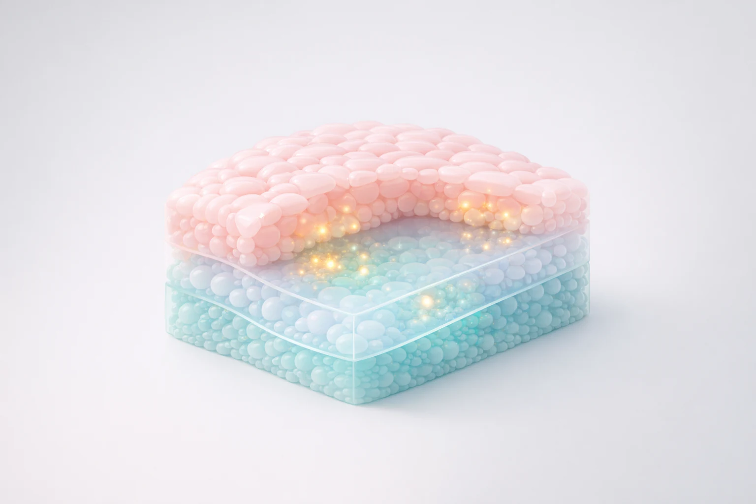 Minimal 3D tissue render showing layered spatial transcriptomics signal across a clean cross section