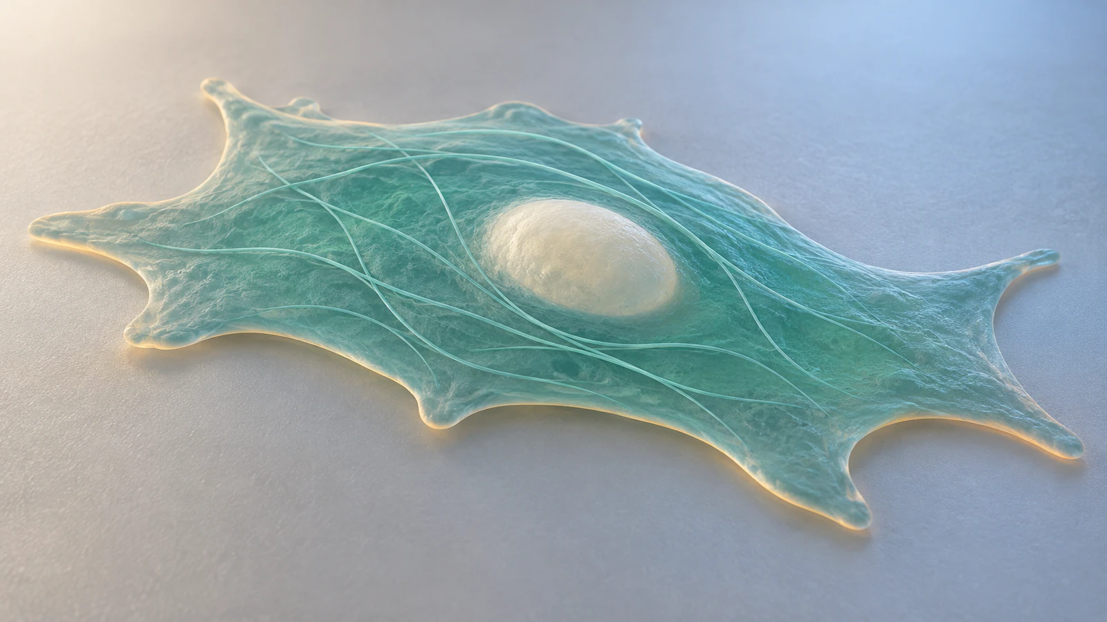 Conceptual flattened cell with one pale nucleus and a few teal internal filaments