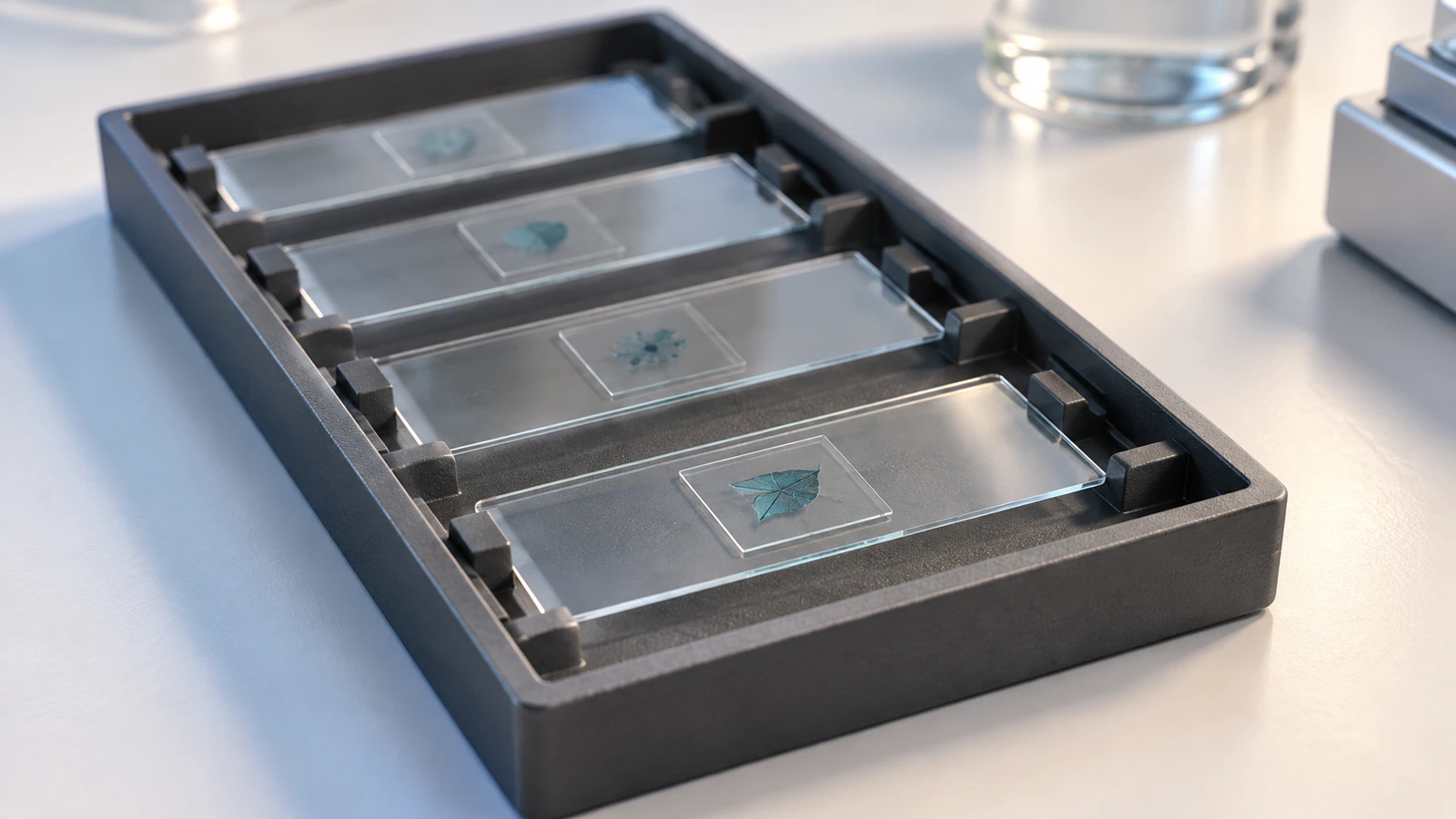 Four glass specimen slides held separately in a graphite laboratory storage tray