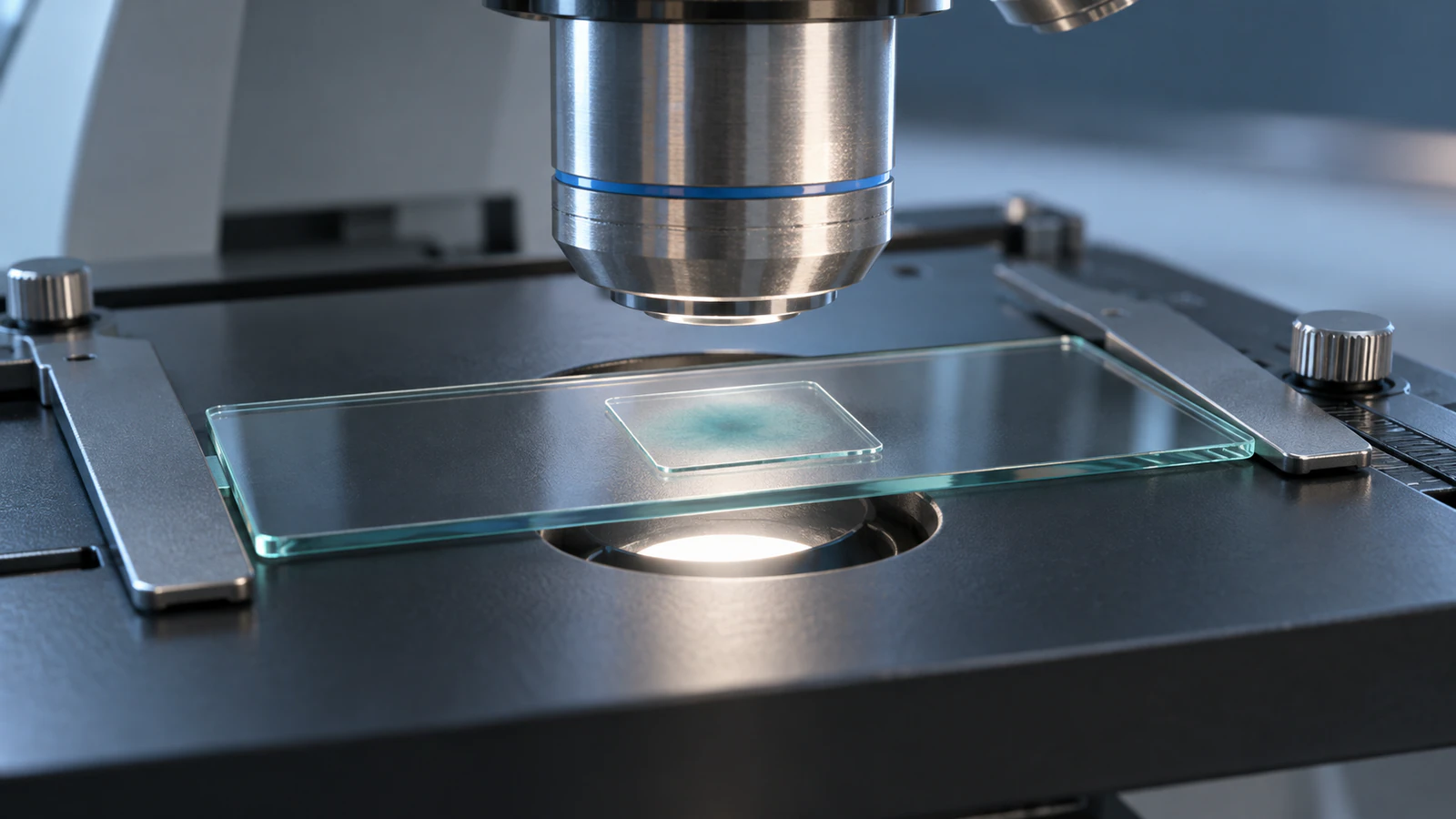Microscope objective above a glass slide and coverslip with a faint teal specimen patch