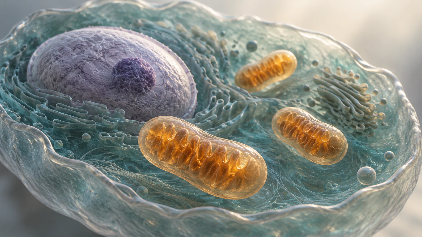 Conceptual cell interior with a pearl nucleus and separate amber mitochondria at different depths