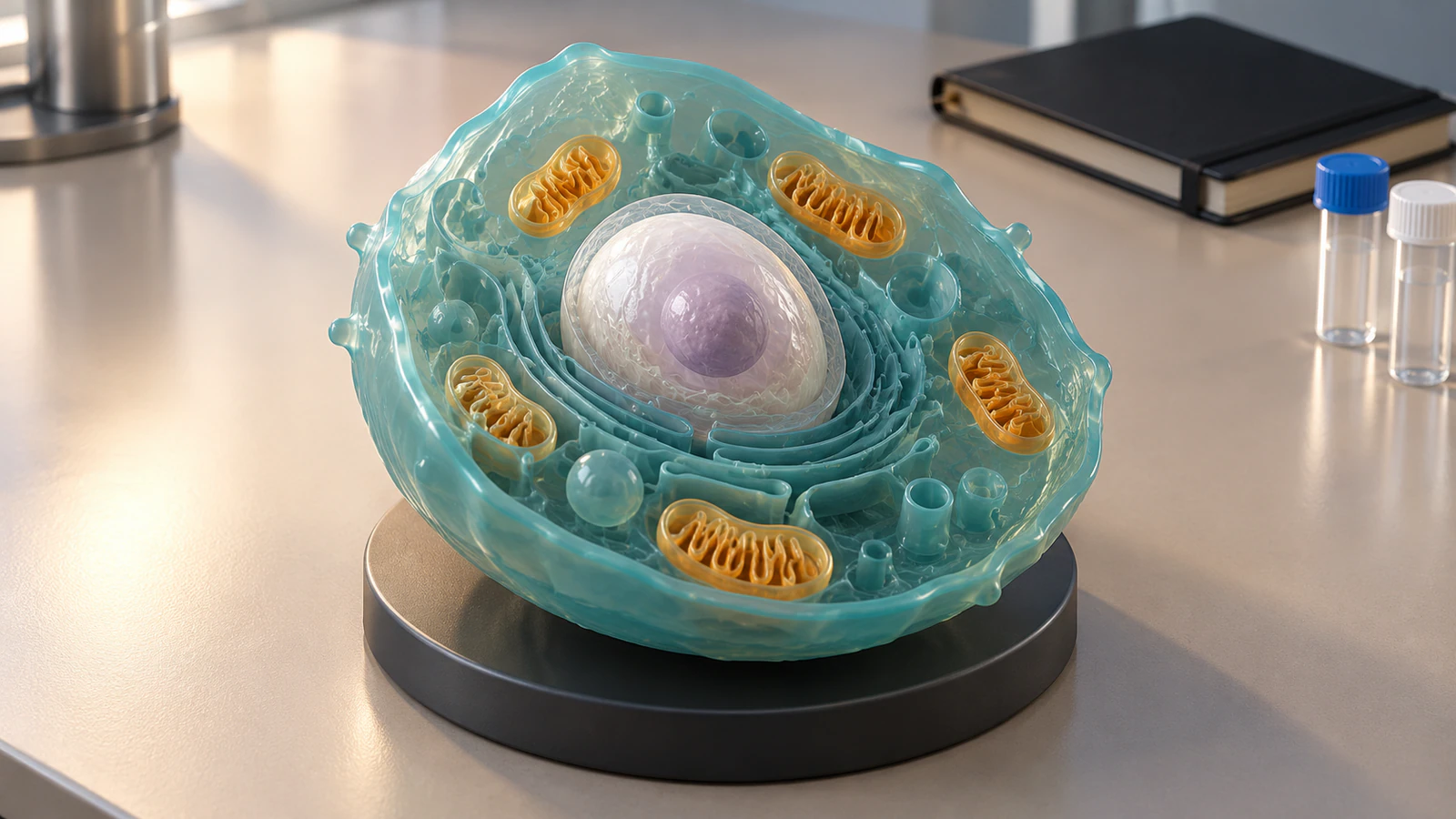 Physical teal cell teaching model with a pearl nucleus and amber mitochondria beside a plain laboratory notebook