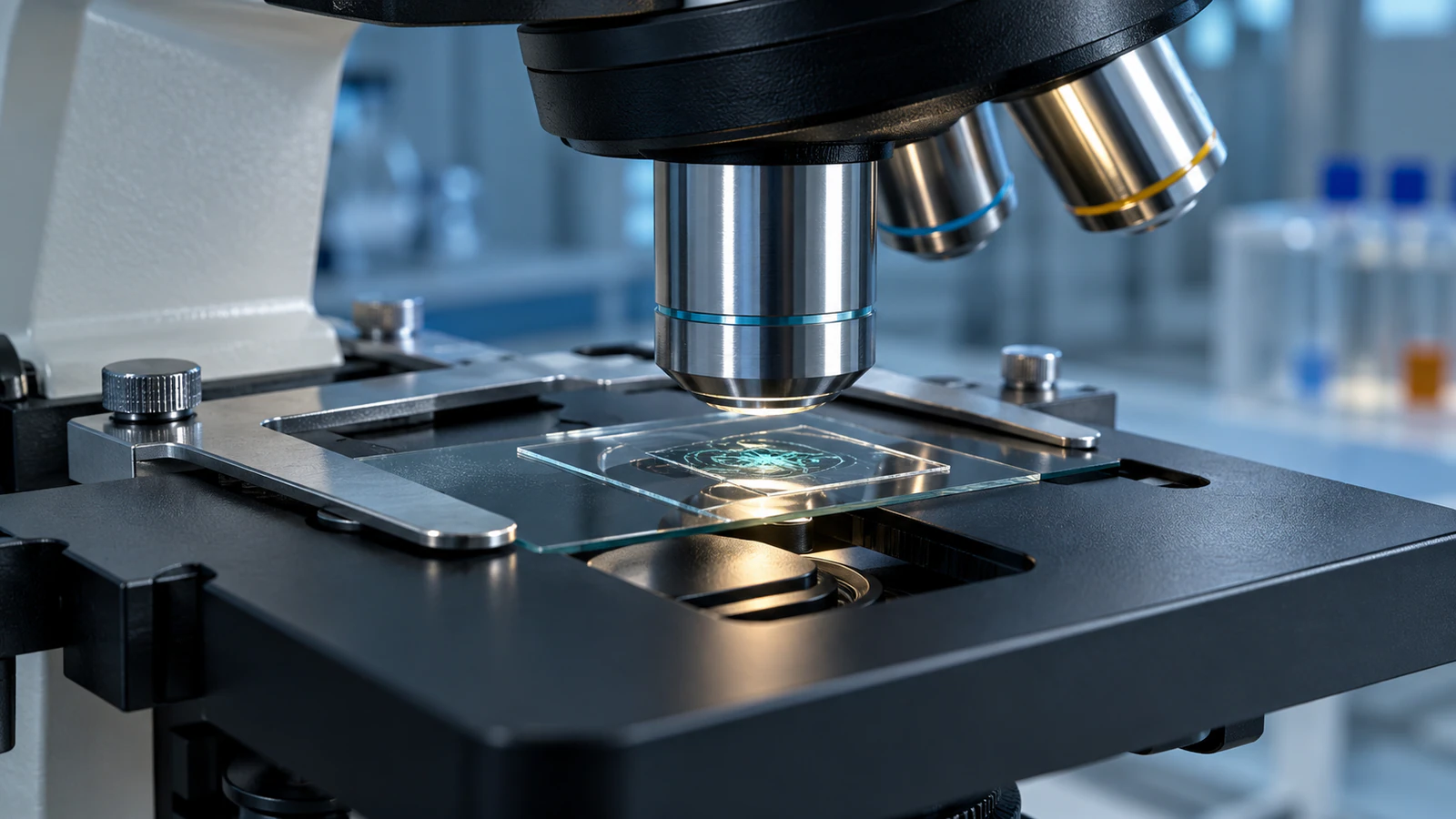 Silver microscope objective above a glass slide and coverslip on a dark laboratory microscope stage