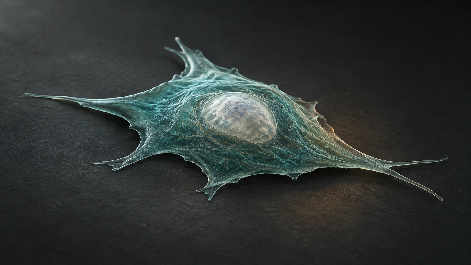Conceptual flattened adherent cell with an intact irregular boundary and pale oval nucleus