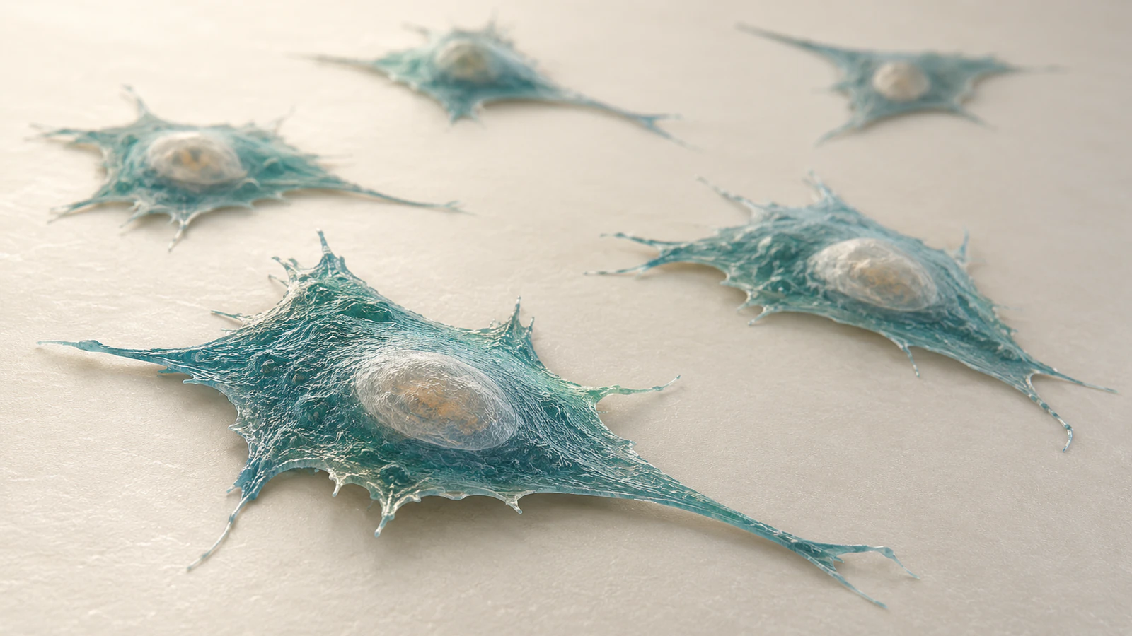 Conceptual wide field of five separate adherent cells on a pale substrate