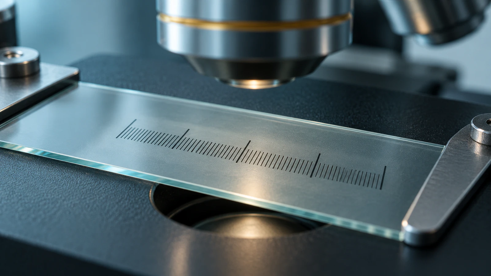 Conceptual stage micrometer slide with etched graduations beneath a microscope objective