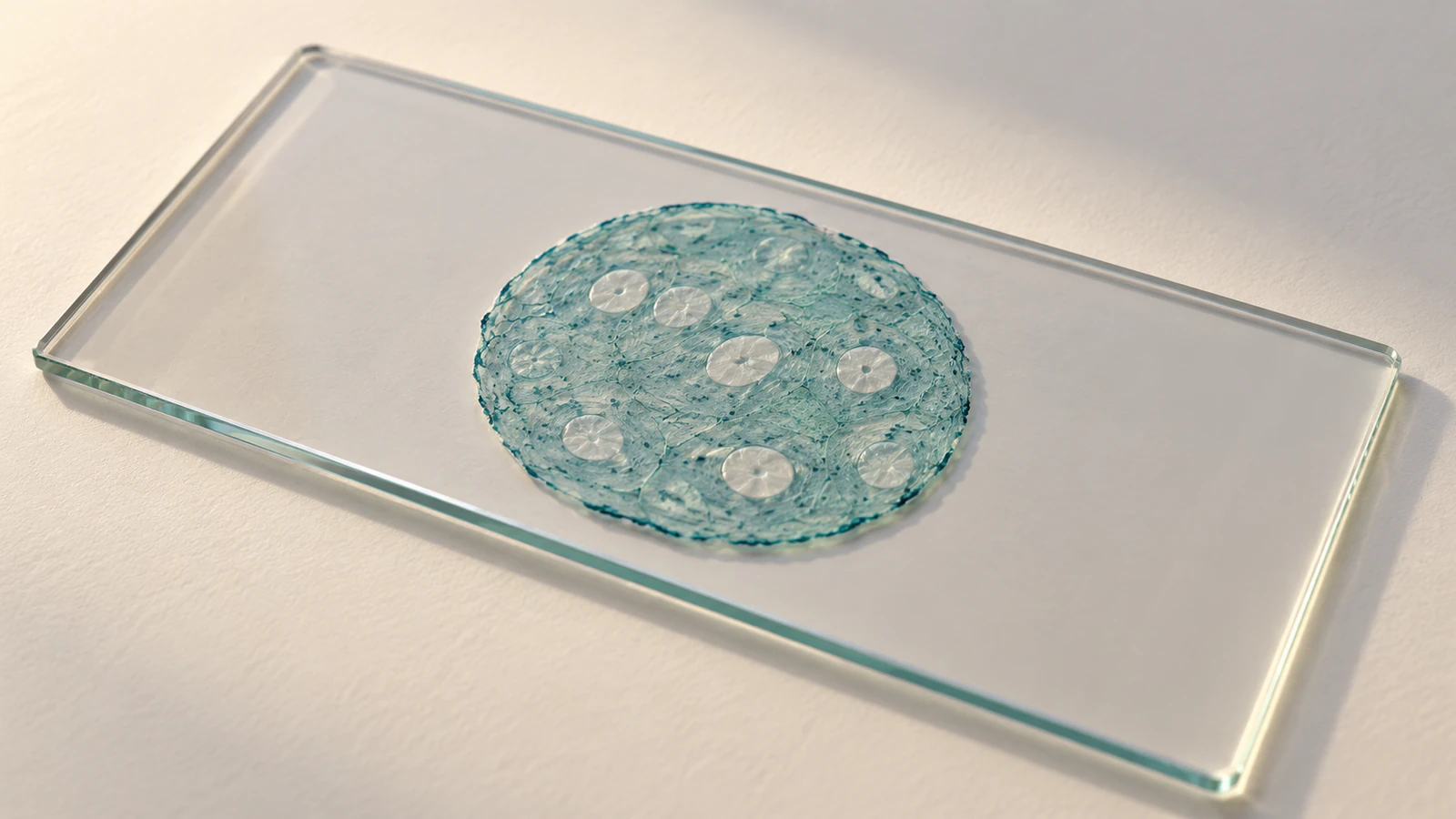 Conceptual thin teal tissue section with pale nuclei resting on a glass laboratory slide