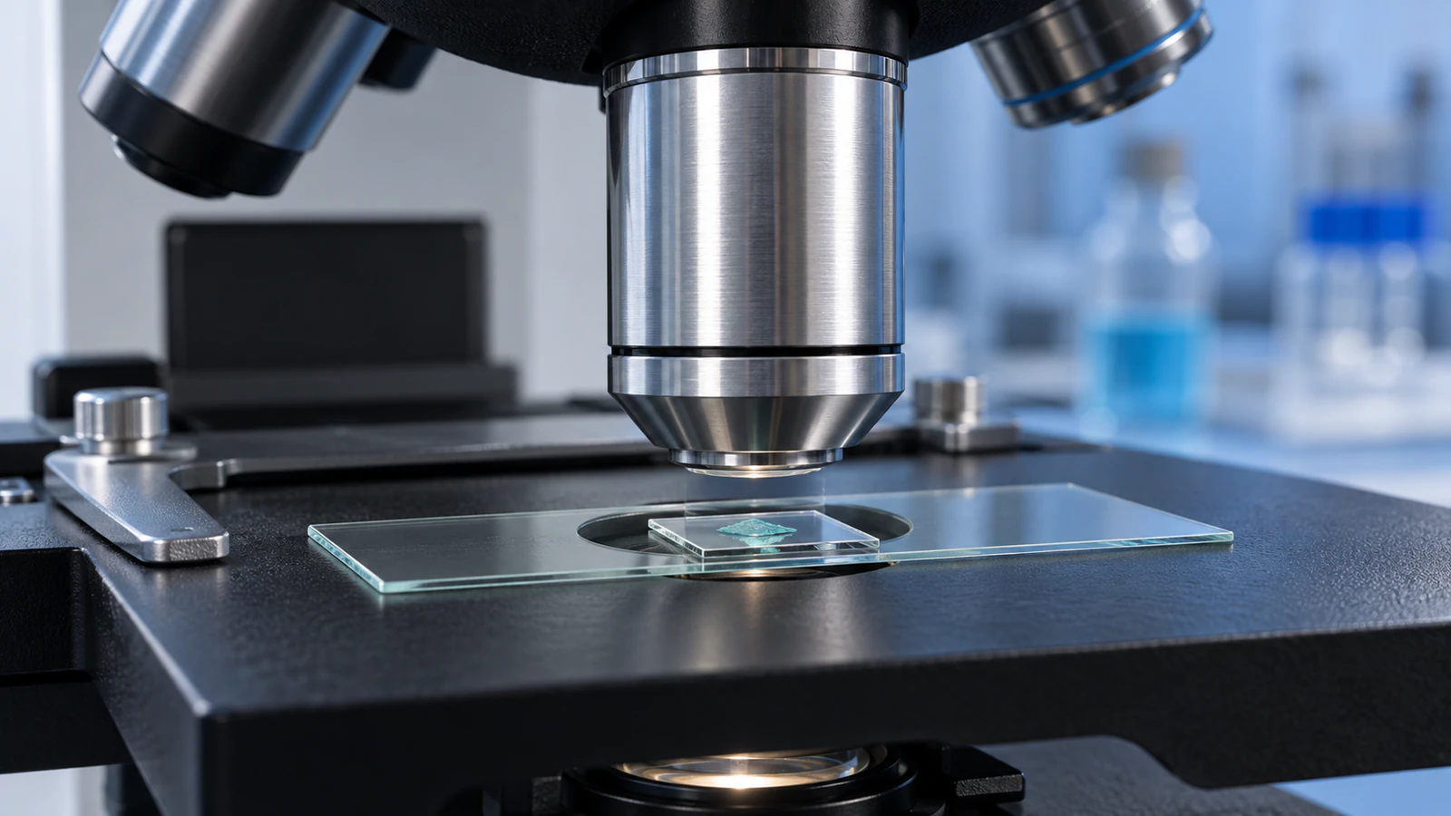 Conceptual upright microscope objective positioned above a glass slide on a dark mechanical stage