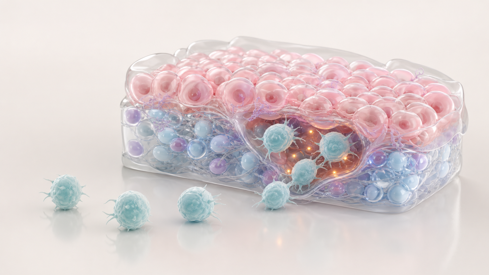 Glossy pastel tumor microenvironment cutaway with cyan immune cells and amber signal points