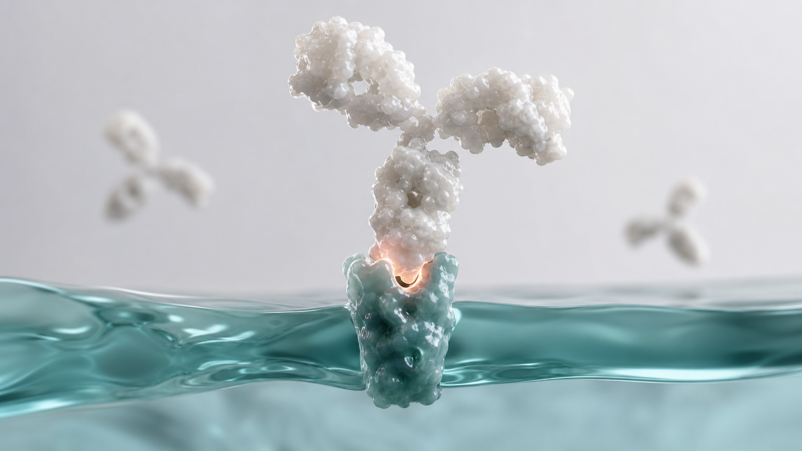 Wide 3D render of a pearl antibody fragment binding a smooth teal membrane receptor with a restrained amber signal.