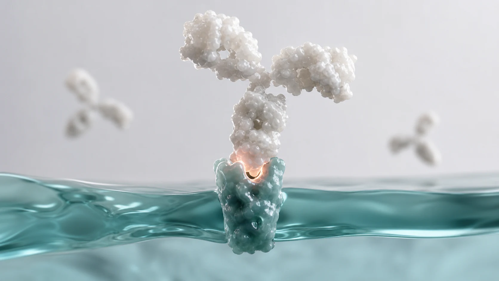 Wide 3D render of a pearl antibody fragment binding a smooth teal membrane receptor with a restrained amber signal.