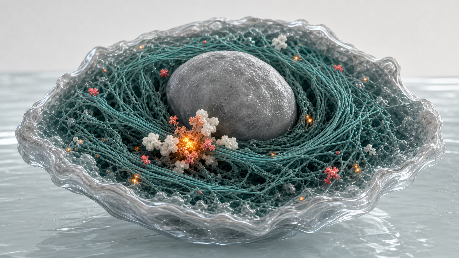Wide 3D render of a single cell section with teal cytoskeleton and amber coral colocalization signal near the nucleus.