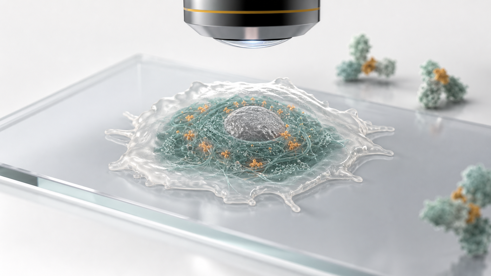 Wide 3D render of a microscopy cell sample under an objective with restrained teal and amber biomarker signals.