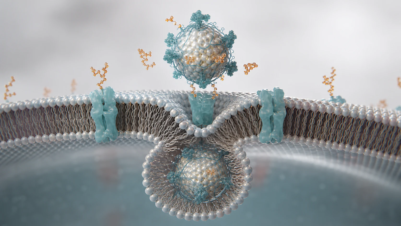 Wide 3D render of a pearl and teal delivery particle crossing a cell membrane with receptor proteins.