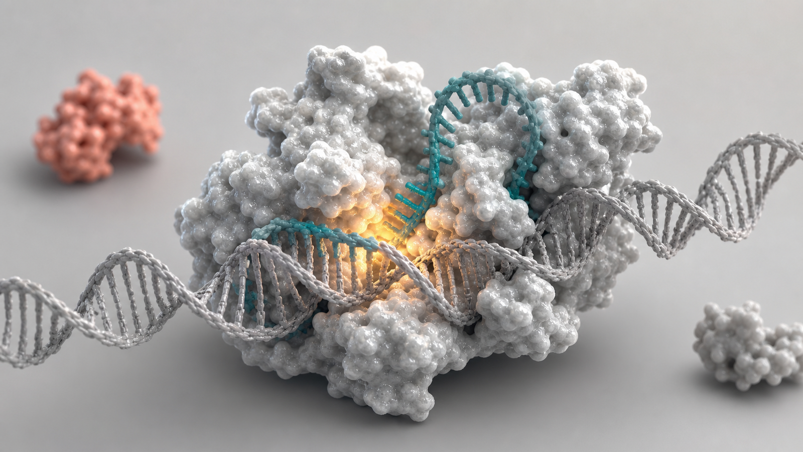 Wide 3D render of a gene editing protein complex bound to DNA with a teal guide RNA strand.