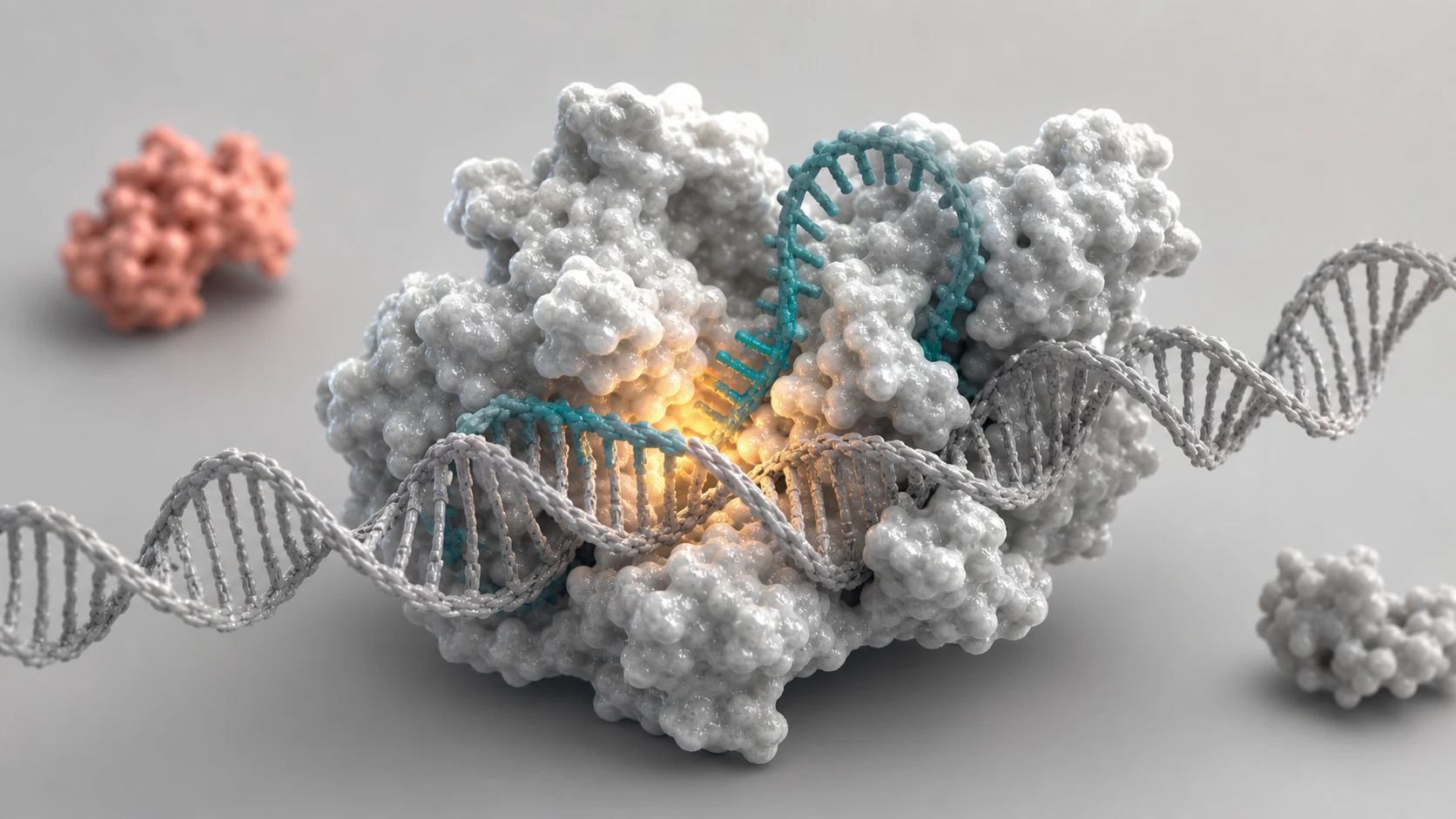 Wide 3D render of a gene editing protein complex bound to DNA with a teal guide RNA strand.