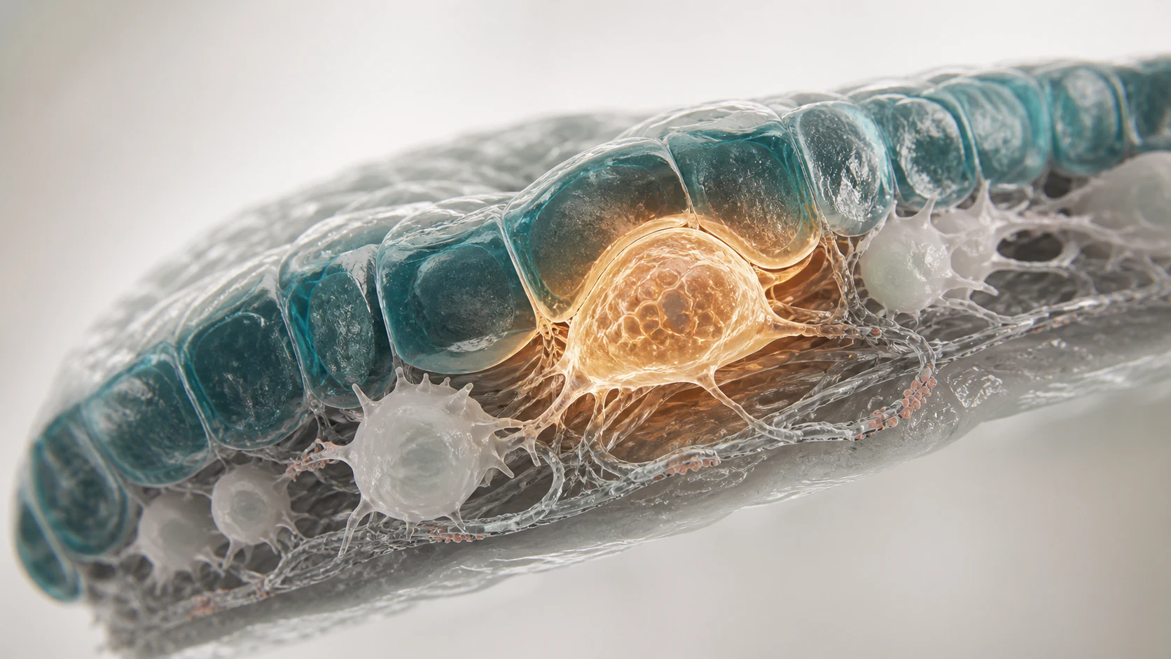 Wide 3D render of a tissue volume with one warm amber edited cell niche and surrounding pearl cells.