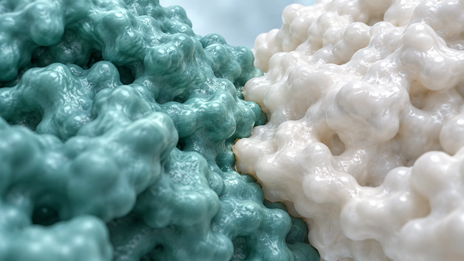 Two differently colored protein surfaces meet along a narrow irregular interface