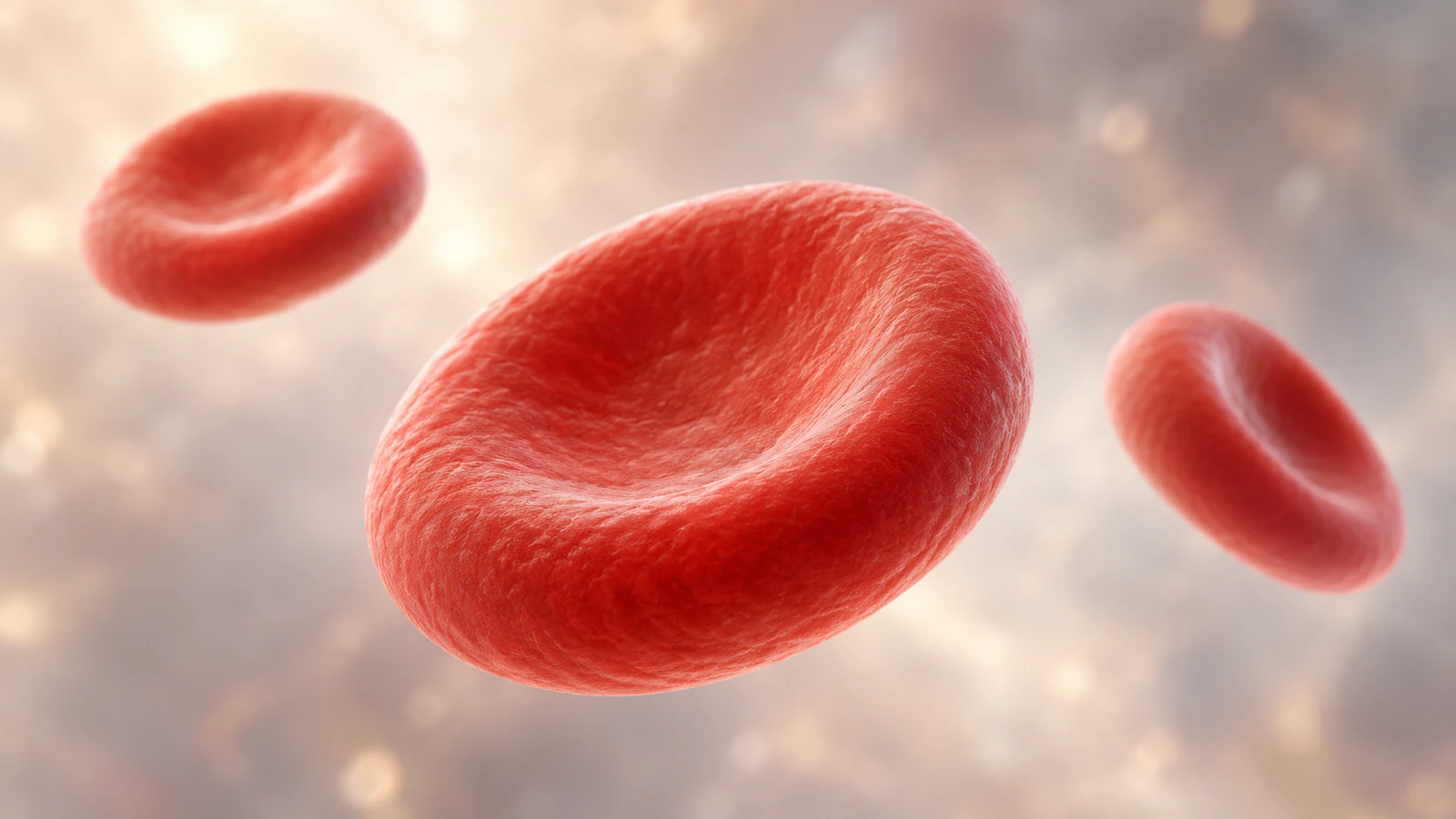 Three smooth biconcave red blood cells appear at different viewing angles in plasma