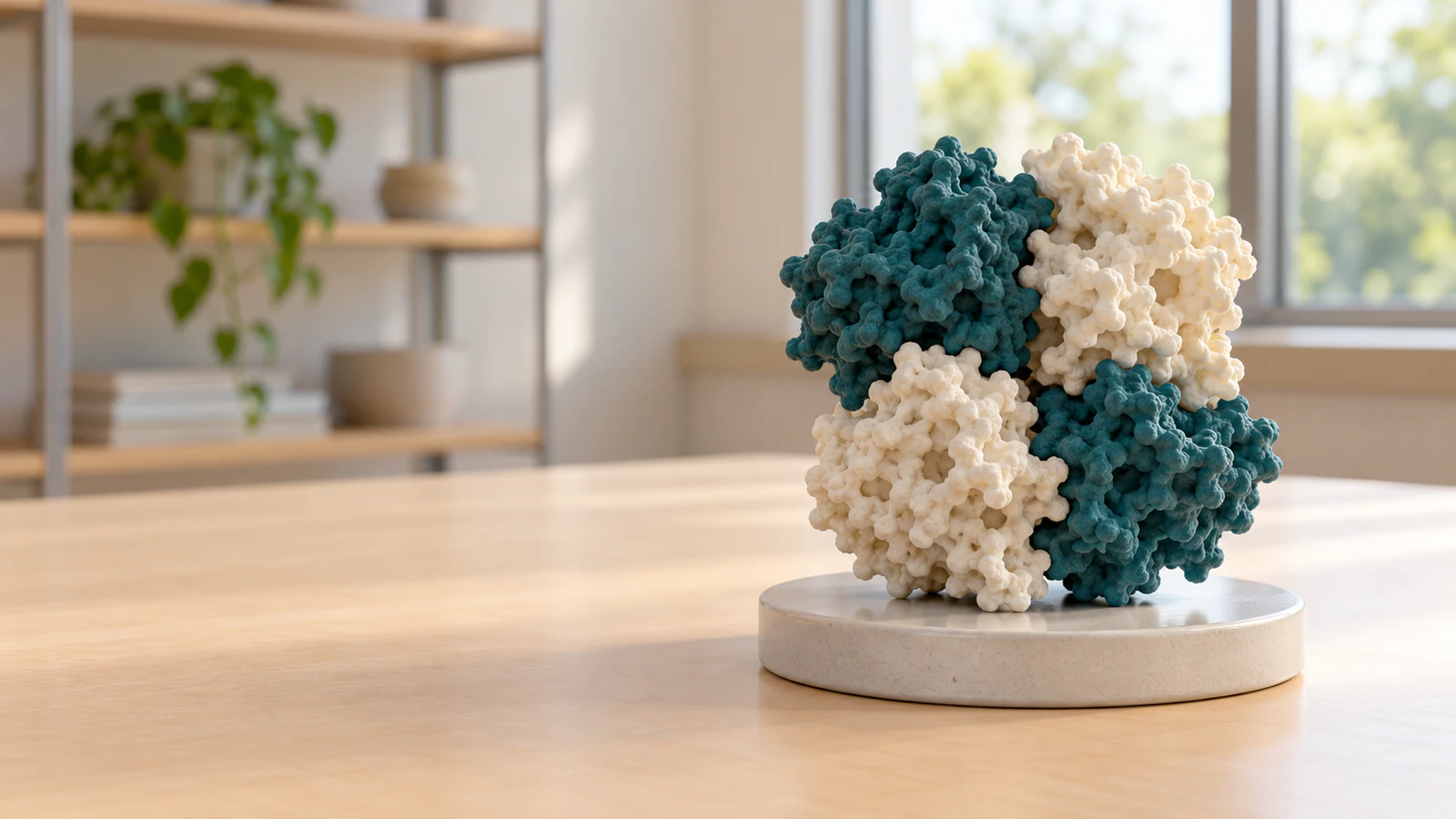 A physical four-subunit protein teaching model stands on a classroom preparation table