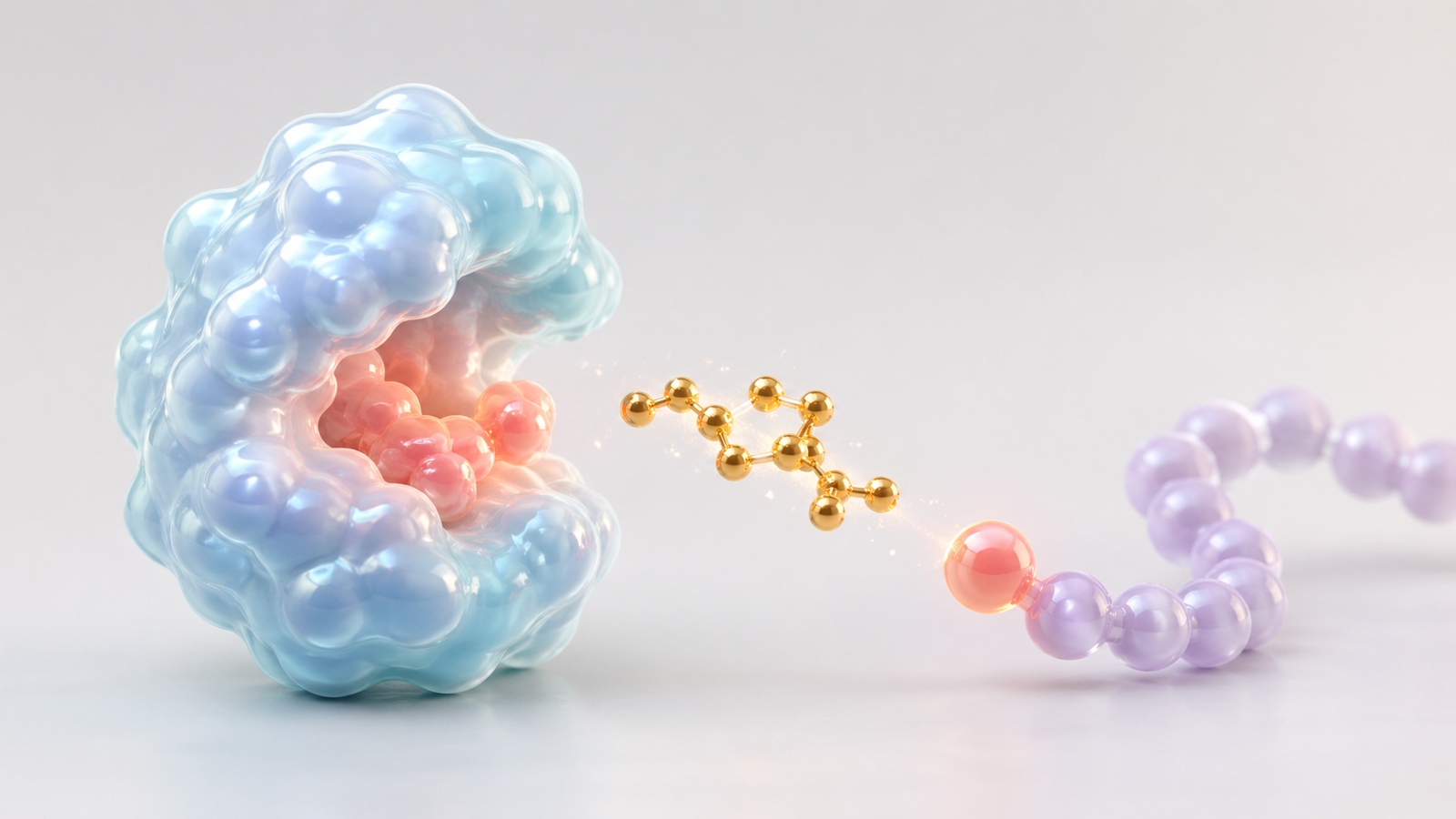 Glossy pastel kinase pocket with a golden inhibitor approaching a coral ATP-site cleft