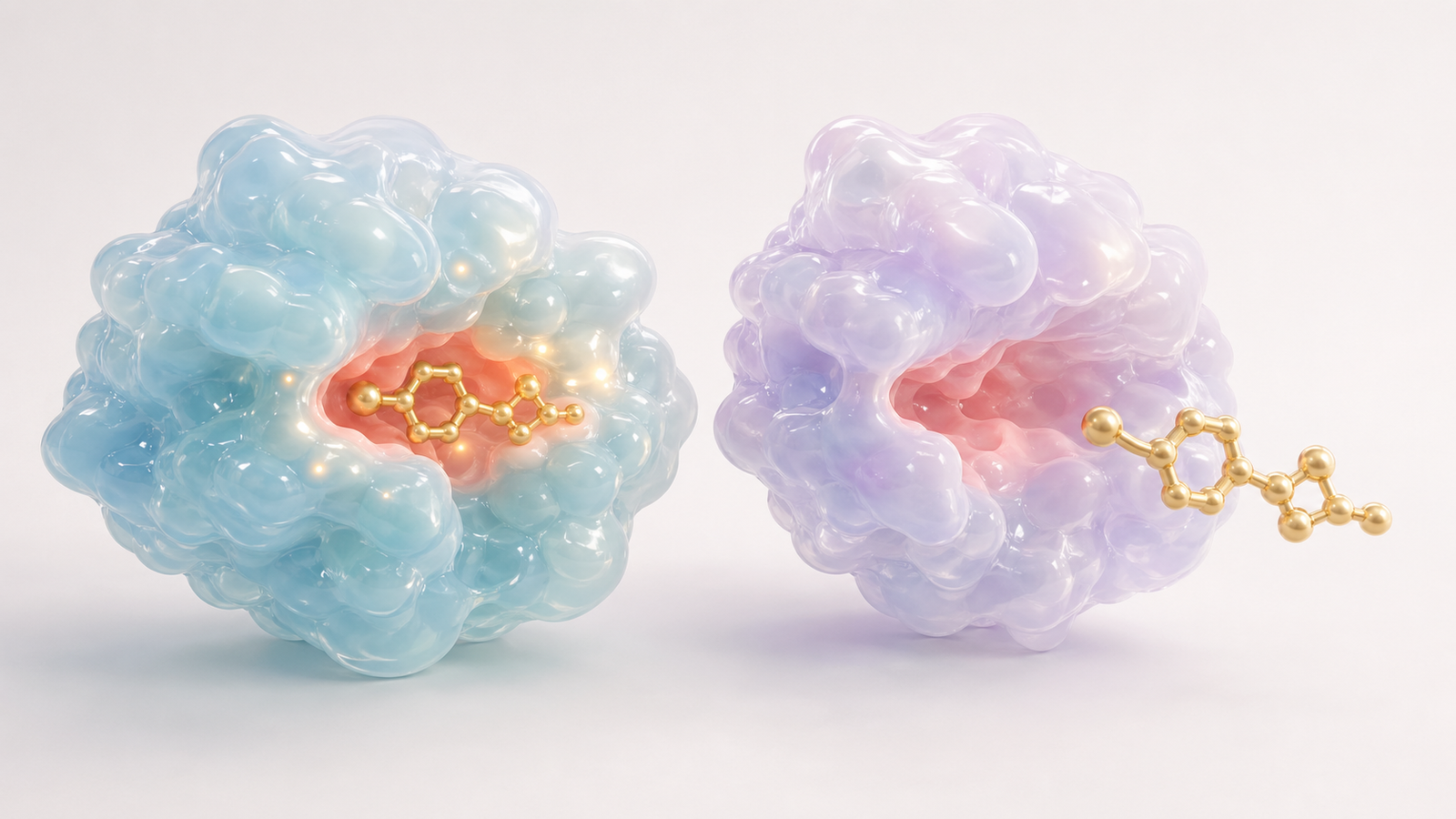 Two pastel kinase pockets comparing inhibitor fit and shifted resistance-state binding