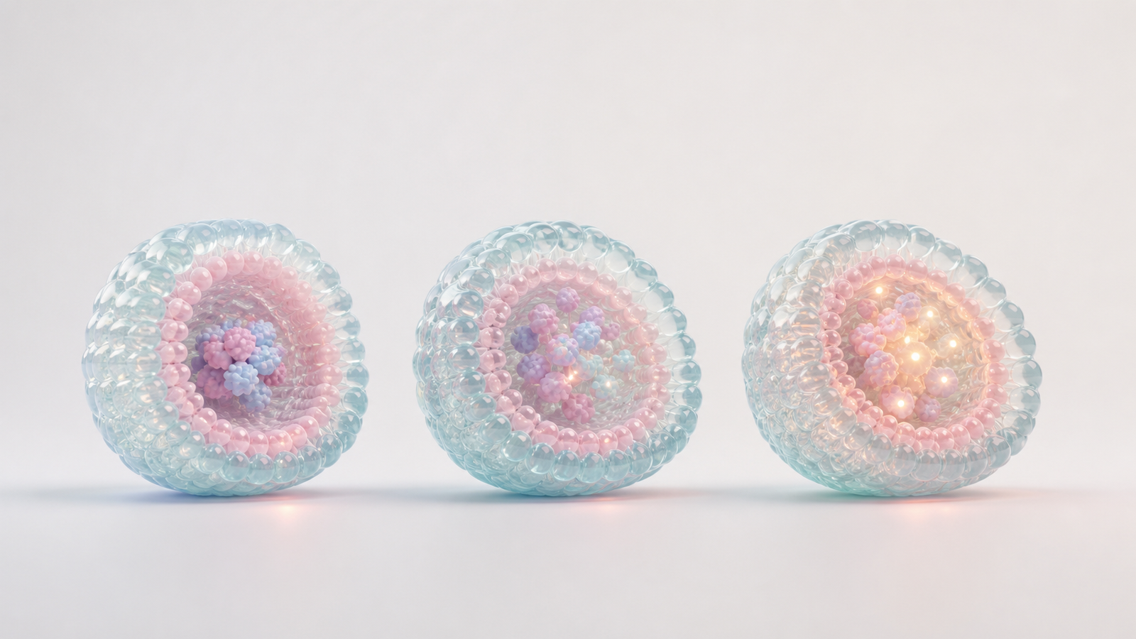 Three pastel lipid nanoparticle cross sections showing formulation refinement and payload organization