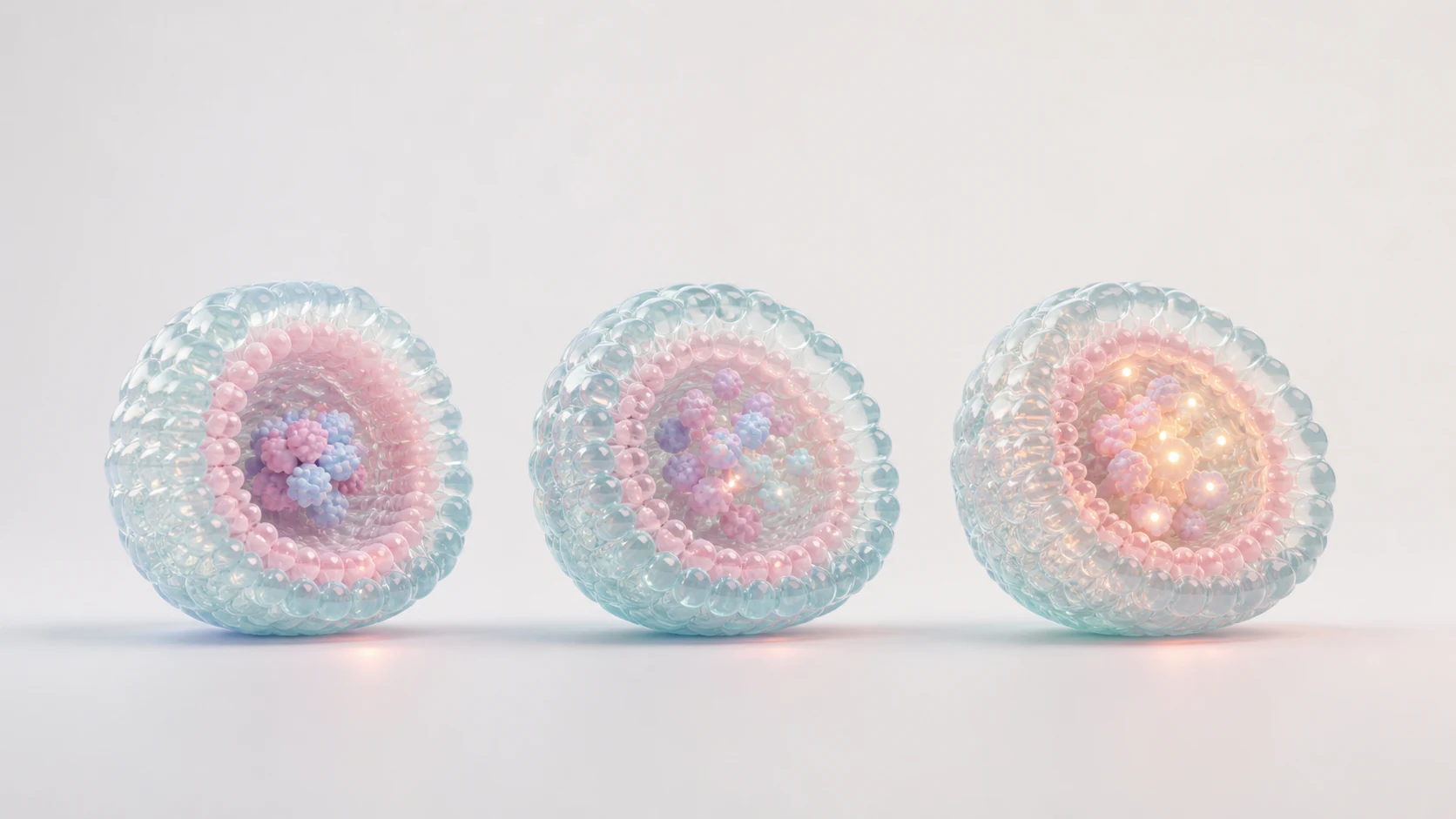 Three pastel lipid nanoparticle cross sections showing formulation refinement and payload organization